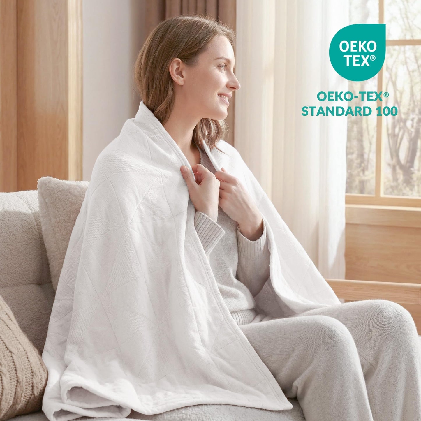 Exclusivo Mezcla 100% Cotton 4 Layers Muslin Throw Blanket for Couch, Moisture-wicking and Breathable Gauze Blanket with Geometric Pattern for Year Round Comfort, 50"x60", Pure White