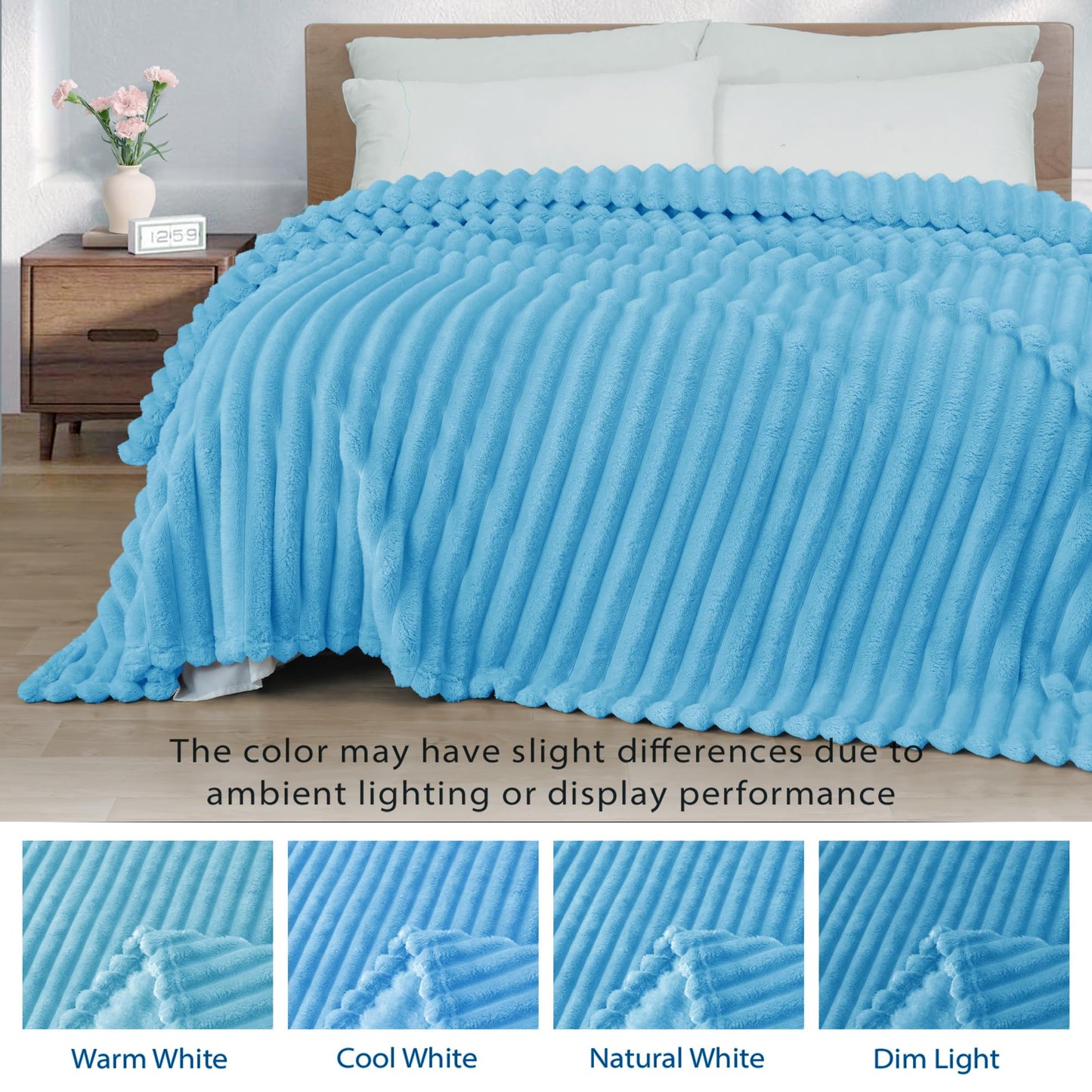 Exclusivo Mezcla King Size Flannel Fleece Blanket, Super Soft 3D Striped Jacquard Blanket for Bed, Lightweight Fuzzy Cozy Blankets, Blue, 90"x104"