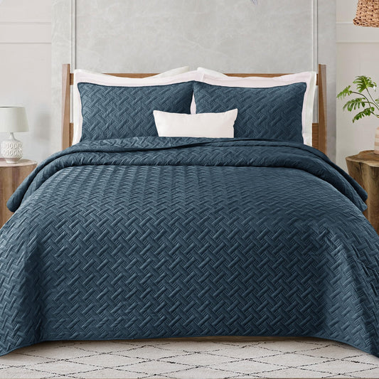 Exclusivo Mezcla Soft Quilt Set Queen Full Size, 3 Pieces Lightweight Quilts Navy Bedspreads Coverlets Bedding Set for All Seasons, Weave Pattern
