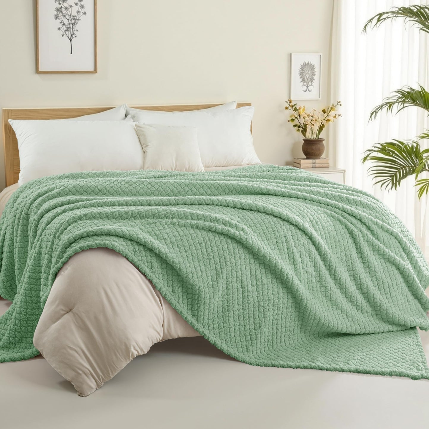 Exclusivo Mezcla King Size Flannel Fleece Blanket, Super Soft Jacquard Bed Blanket, Lightweight Fuzzy Warm for All Seasons, 90x104 Inches, Sage Green