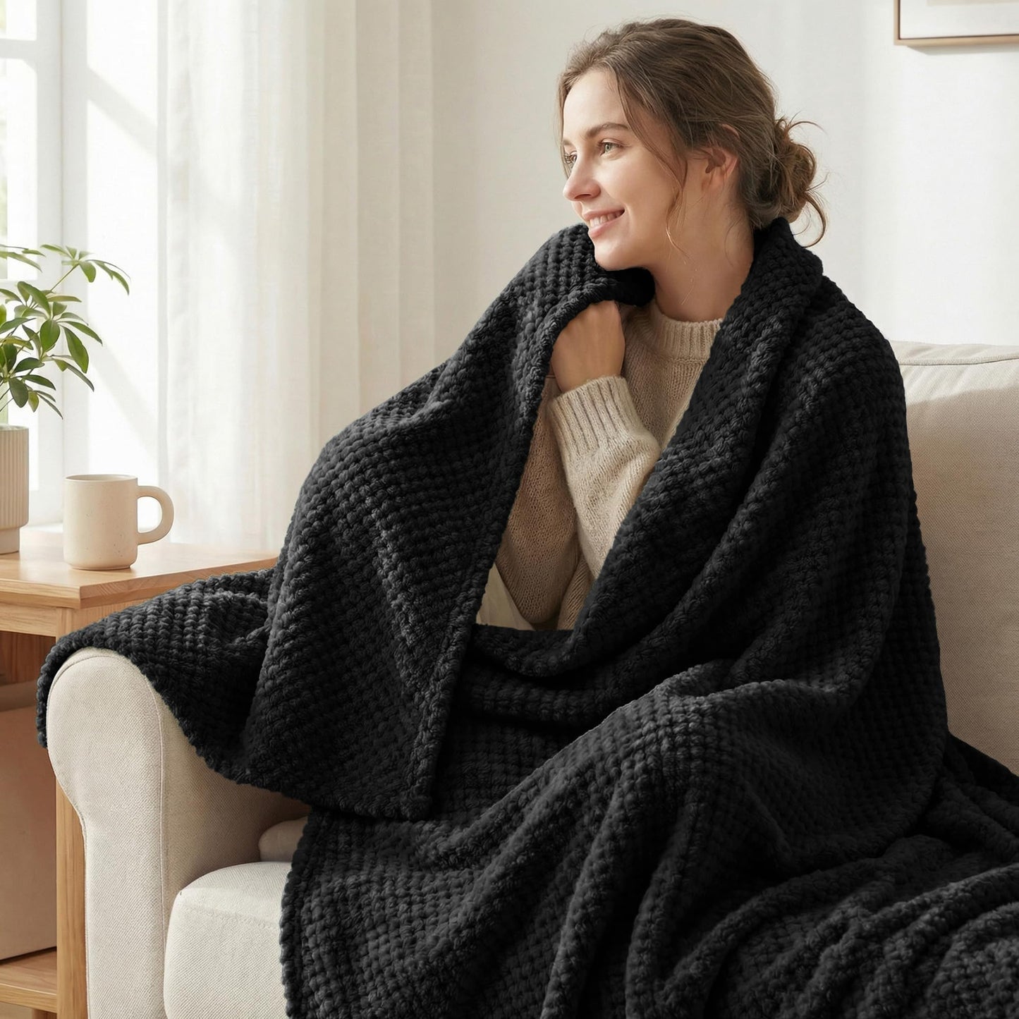 Exclusivo Mezcla Fleece Bed Blanket Twin Size, Super Soft and Warm Blankets for Couch, Sofa and Bed Waffle Textured, Cozy, Fuzzy and Lightweight (Black, 60x80 inches)