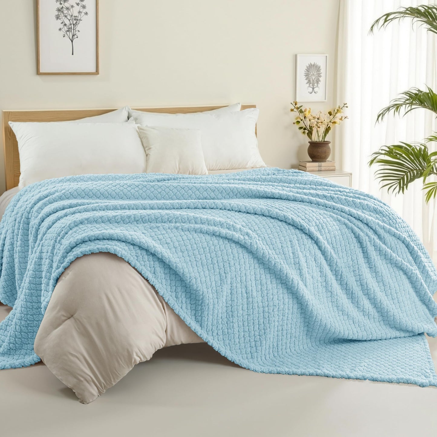 Exclusivo Mezcla Twin Size Flannel Fleece Blanket, Super Soft Jacquard Bed Blanket, Lightweight Fuzzy Warm for All Seasons, 60x80 Inches, Light Blue