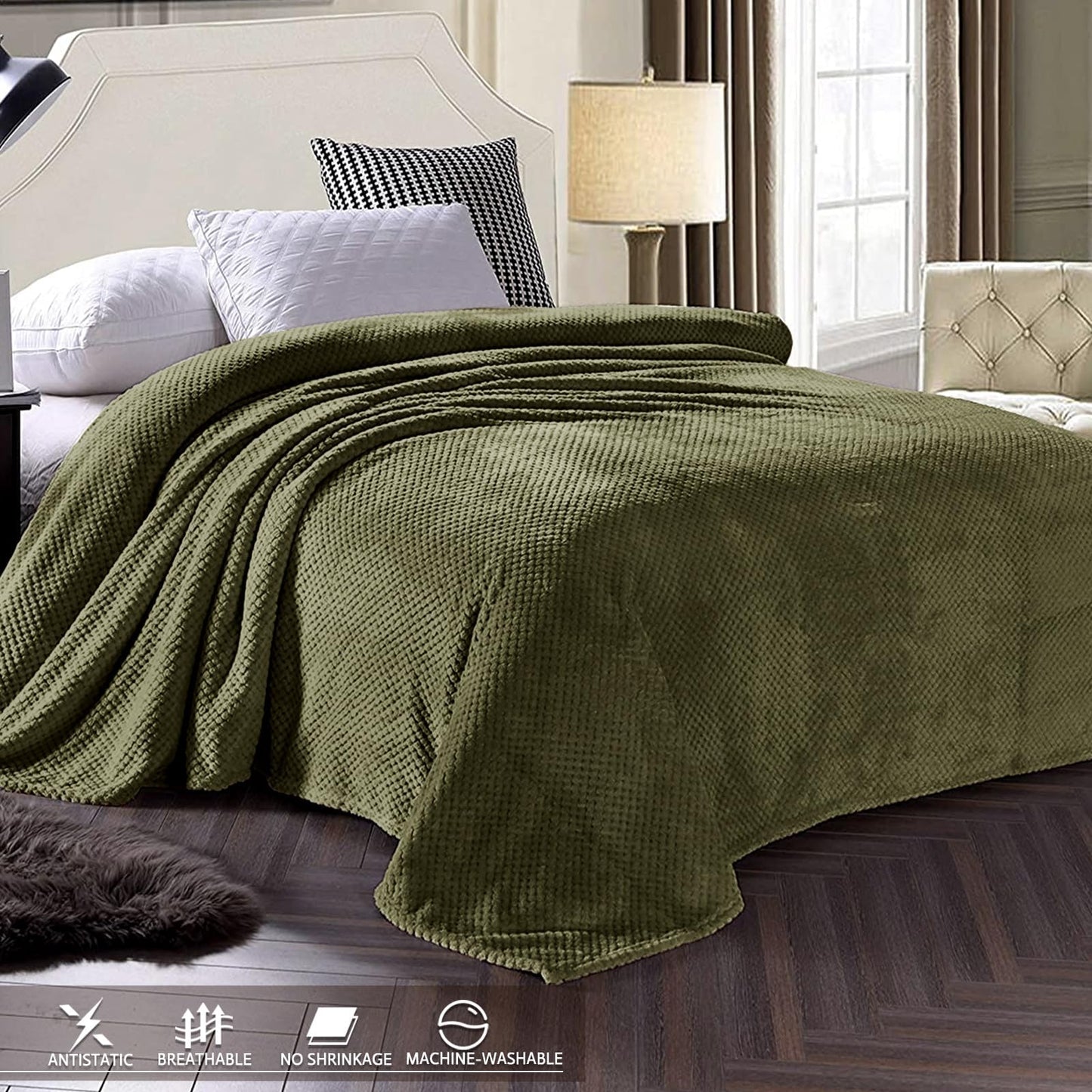 Exclusivo Mezcla Fleece Bed Blanket Twin Size, Super Soft and Warm Blankets for Couch, Sofa and Bed Waffle Textured, Cozy, Fuzzy and Lightweight (Olive Green, 60x80 Inches)