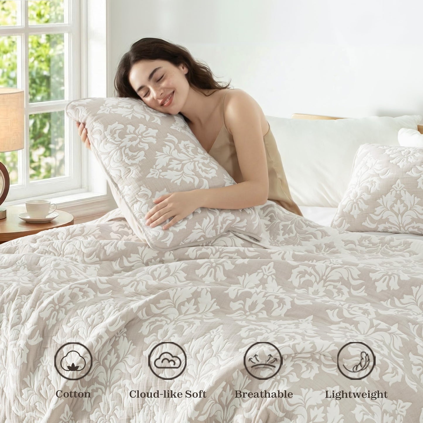 Exclusivo Mezcla Cotton Muslin Quilts King Size Beige, Soft Breathable Bedspread Lightweight Prewashed Bed Coverlet With 2 Pillow Shams, Boho Pattern Yarn Dyed Quilt Bedding Set for All Seasons