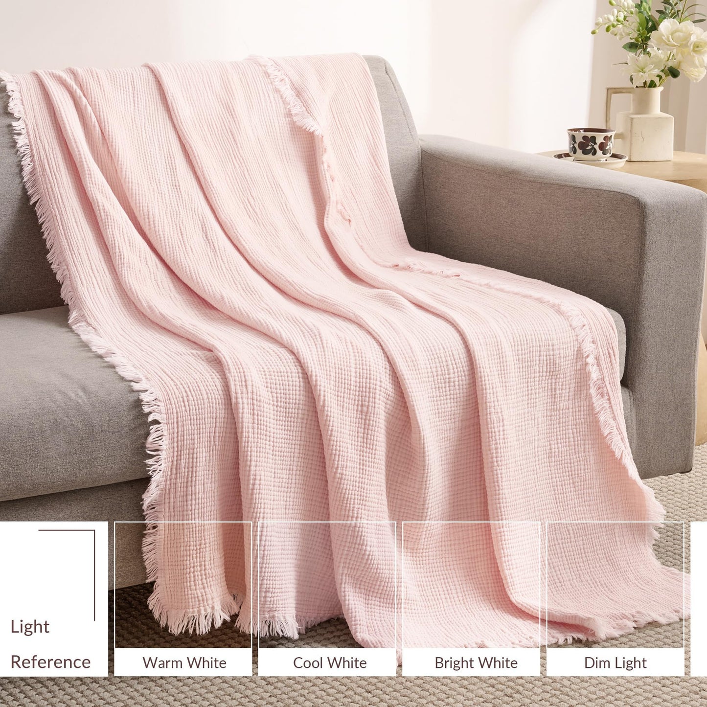 Exclusivo Mezcla 100% Cotton Muslin Twin Size Blanket,6 Layers Breathable and Lightweight Gauze Blankets for Bed, Soft Bedspread, 60"x80", Pink
