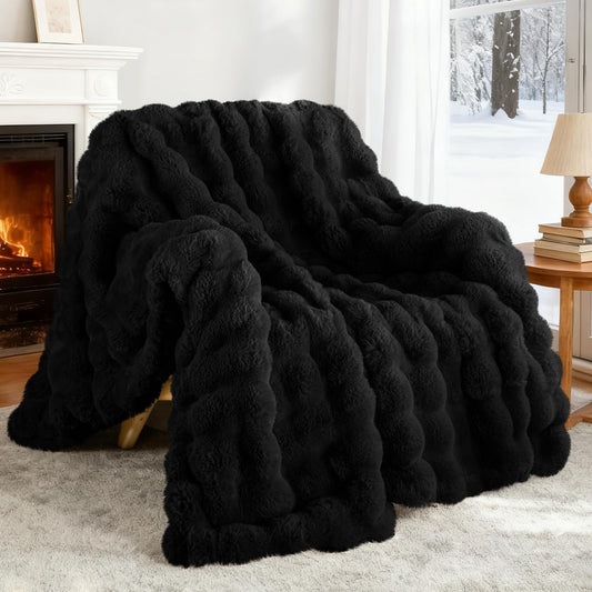 Exclusivo Mezcla Faux Fur Throw blanket for couch, Luxury Reversible 3D Rabbit Bubble Fuzzy Thick Sherpa Blankets for Winter, Plush Fleece Warm Cozy Bed Throw, 50x60 Inches, Black