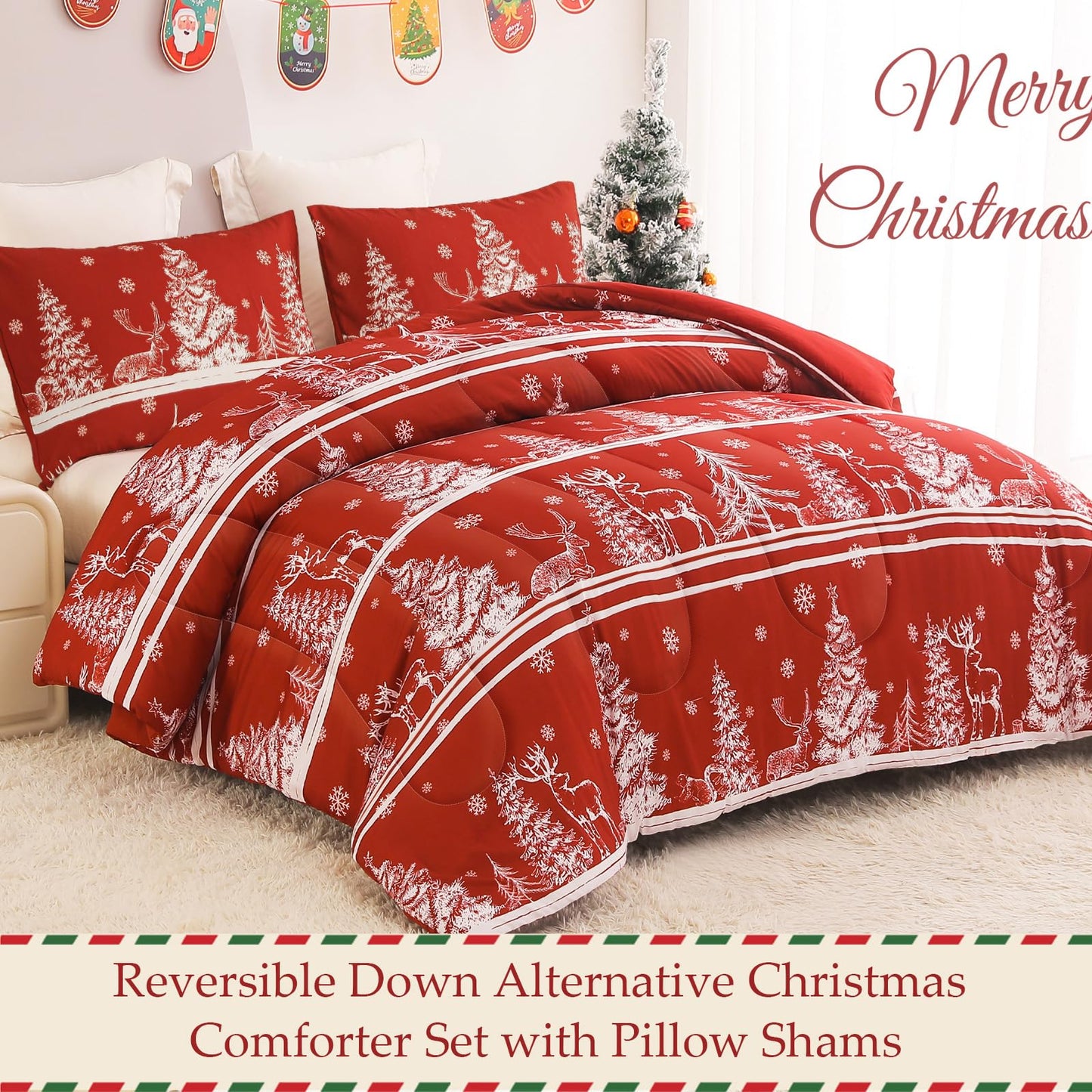 Exclusivo Mezcla Christmas Full Size Comforter Set, 3 Pieces Reversible Rust Red Striped Down Alternative Comforter Sets, Printed Christmas Trees Snowflakes Pattern