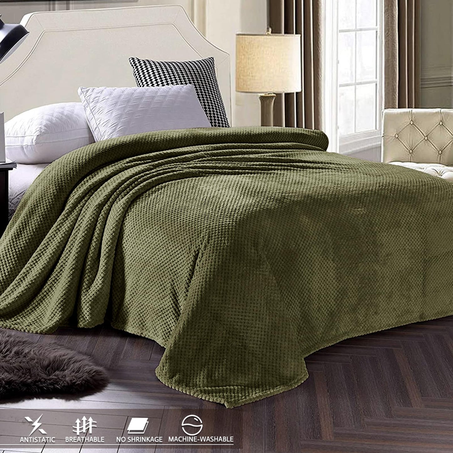 Exclusivo Mezcla Fleece Bed Blanket King Size, Super Soft and Warm Blankets for Couch, Sofa and Bed Waffle Textured, Cozy, Fuzzy and Lightweight (Olive Green, 90x104 Inches)