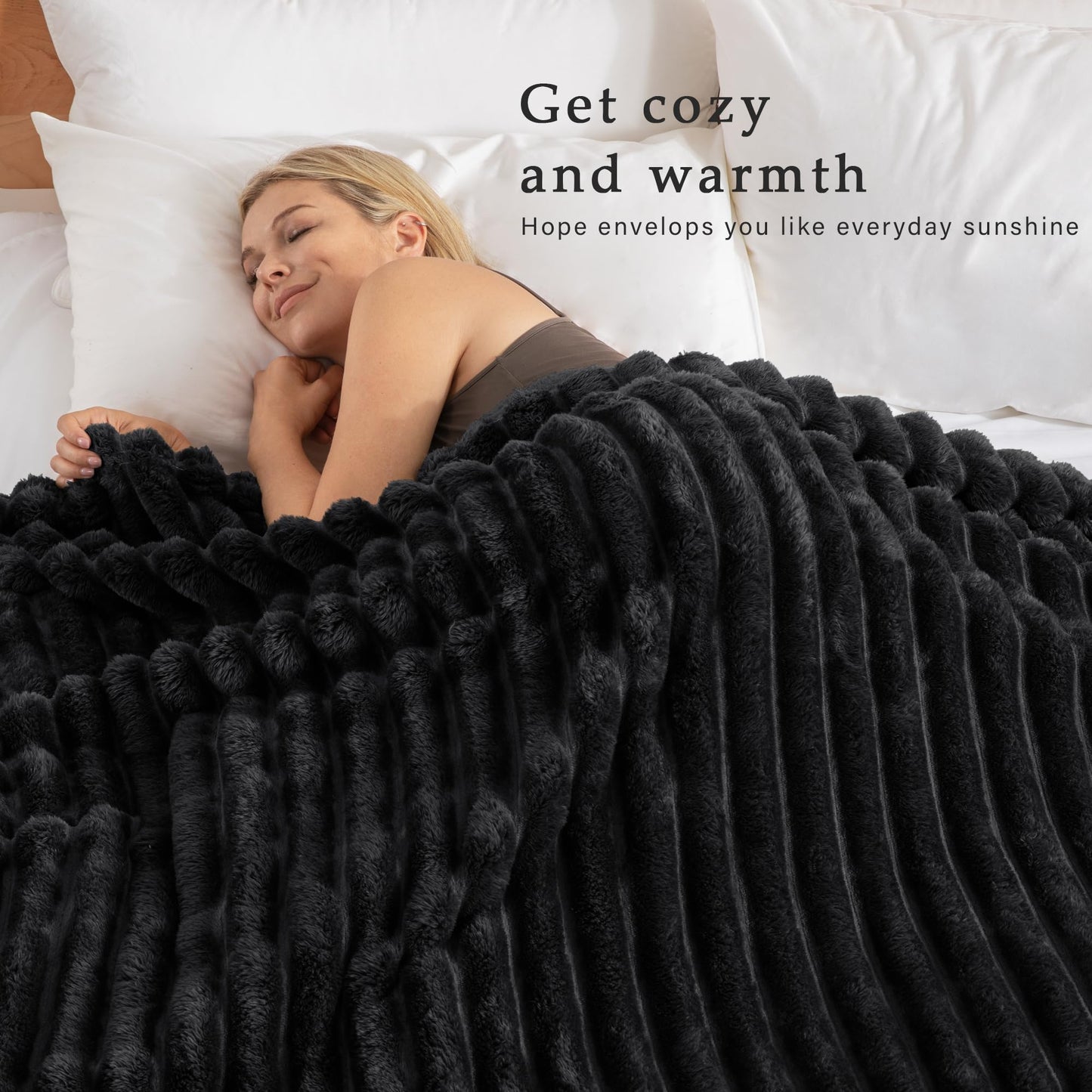 Exclusivo Mezcla California King Size Flannel Fleece Blanket, Super Soft Striped Jacquard Bed Oversized Blanket, Lightweight Fuzzy Cozy for All Seasons, 120x120 Inches, Black