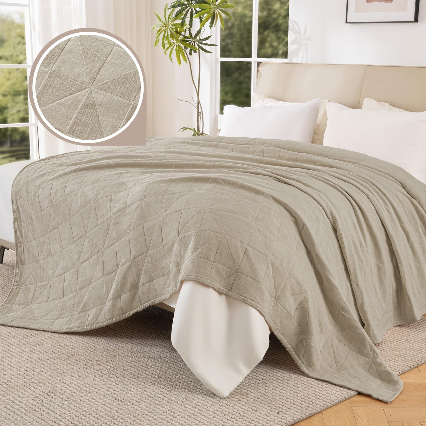 Exclusivo Mezcla 100% Cotton 4 Layers Muslin King Blanket for Bed, Moisture-wicking and Breathable Gauze Blanket with Geometric Pattern for Year Round Comfort, 90"x104", Khaki