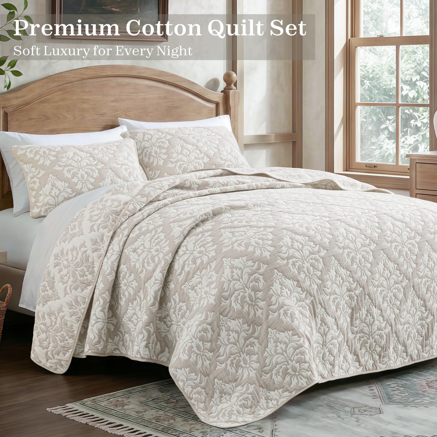 Exclusivo Mezcla Cotton Muslin Quilts Twin Size Beige, Soft Breathable Bedspread Lightweight Prewashed Bed Coverlet With 1 Pillow Sham, Boho Pattern Yarn Dyed Quilt Bedding Set for All Seasons