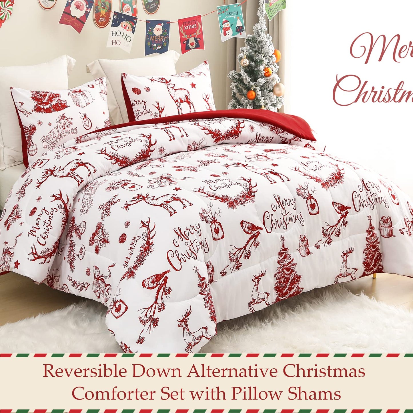 Exclusivo Mezcla Christmas Full Size Comforter Set, 3 Pieces Reversible White and Rust Red Down Alternative Comforter Sets, Printed Christmas Reindeer Wreaths Pattern