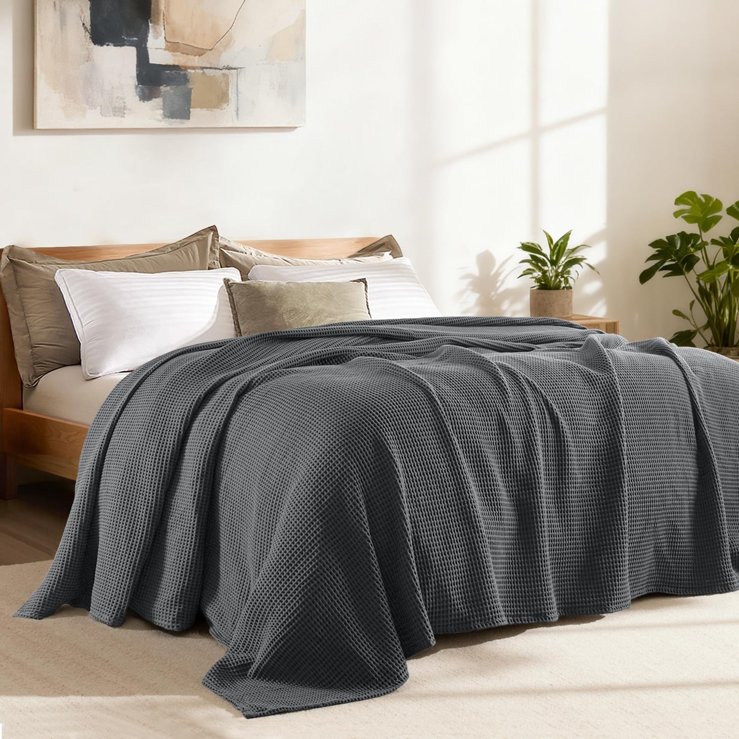 Exclusivo Mezcla 100% Cotton Waffle Weave Blanket Twin Size, Soft, Lightweight and Breathable Muslin Gauze Blanket for Dorm, Home Decor, All Season, 60"x80", Dark Grey