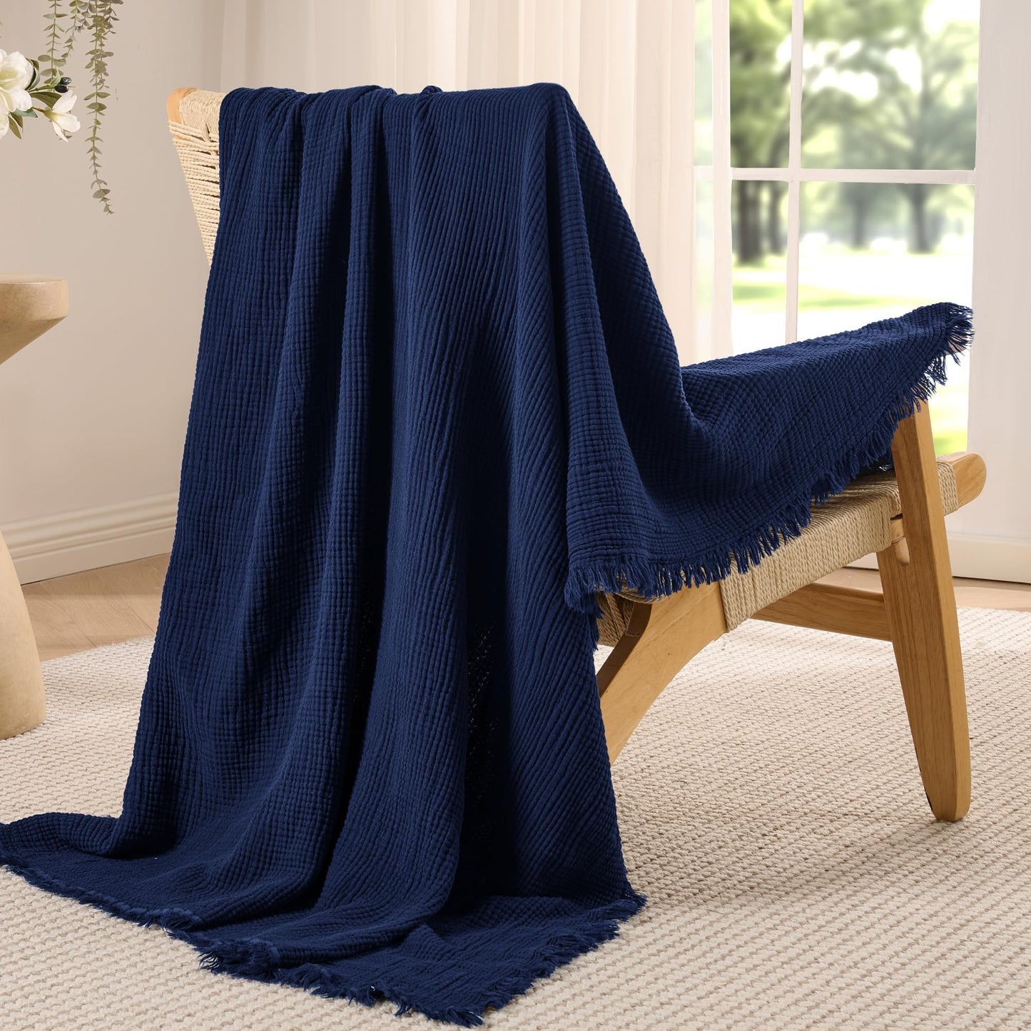 Exclusivo Mezcla 100% Cotton Muslin Throw Blanket , 4 Layers Breathable and Lightweight Gauze Blankets with Fringes for Couch, Soft, Decorative, 50"x70", Navy Blue