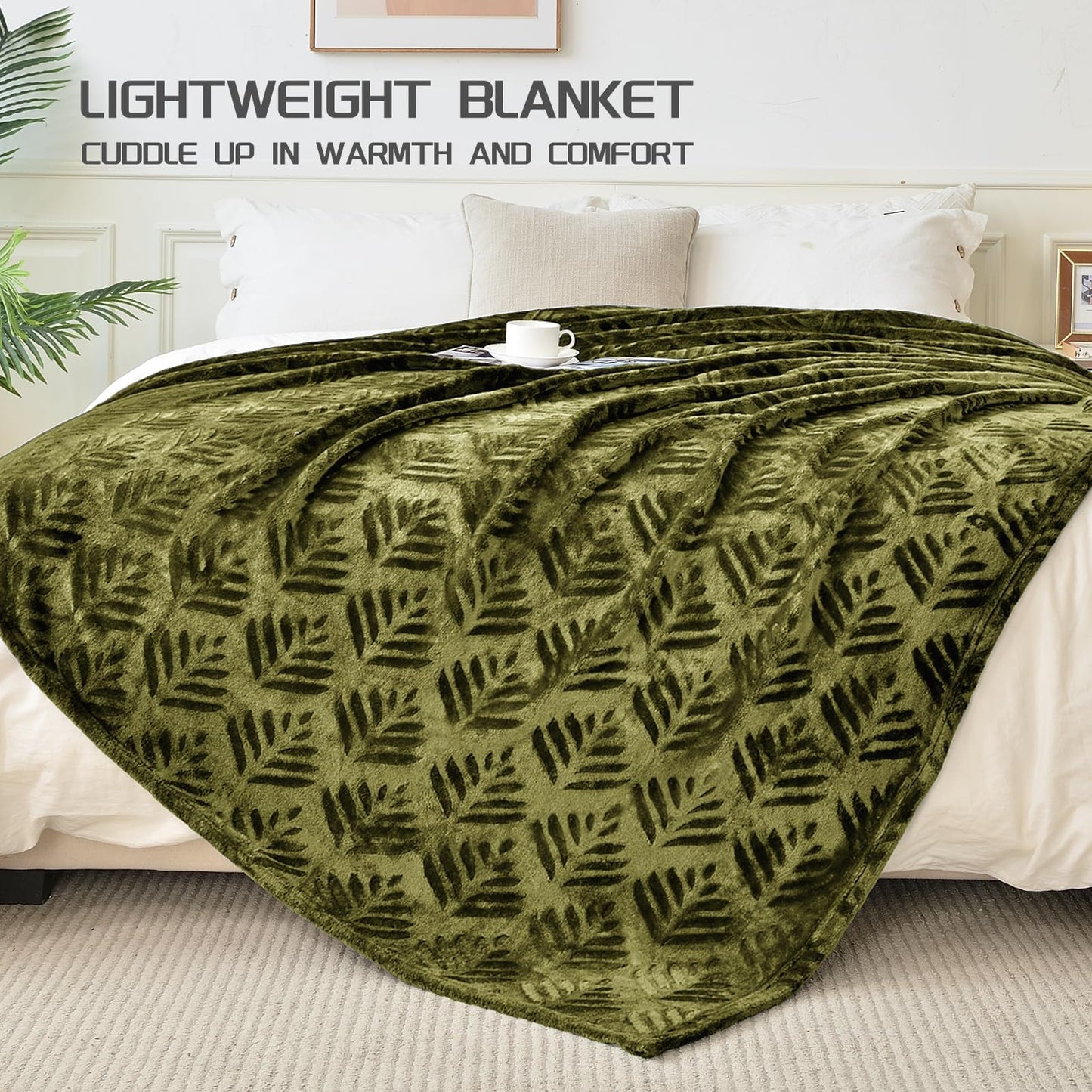 Exclusivo Mezcla Twin Size Fleece Blanket for Bed, Leaves Pattern Super Soft and Cozy Blankets, Plush Fuzzy Lightweight, Olive Green, 60"x80"