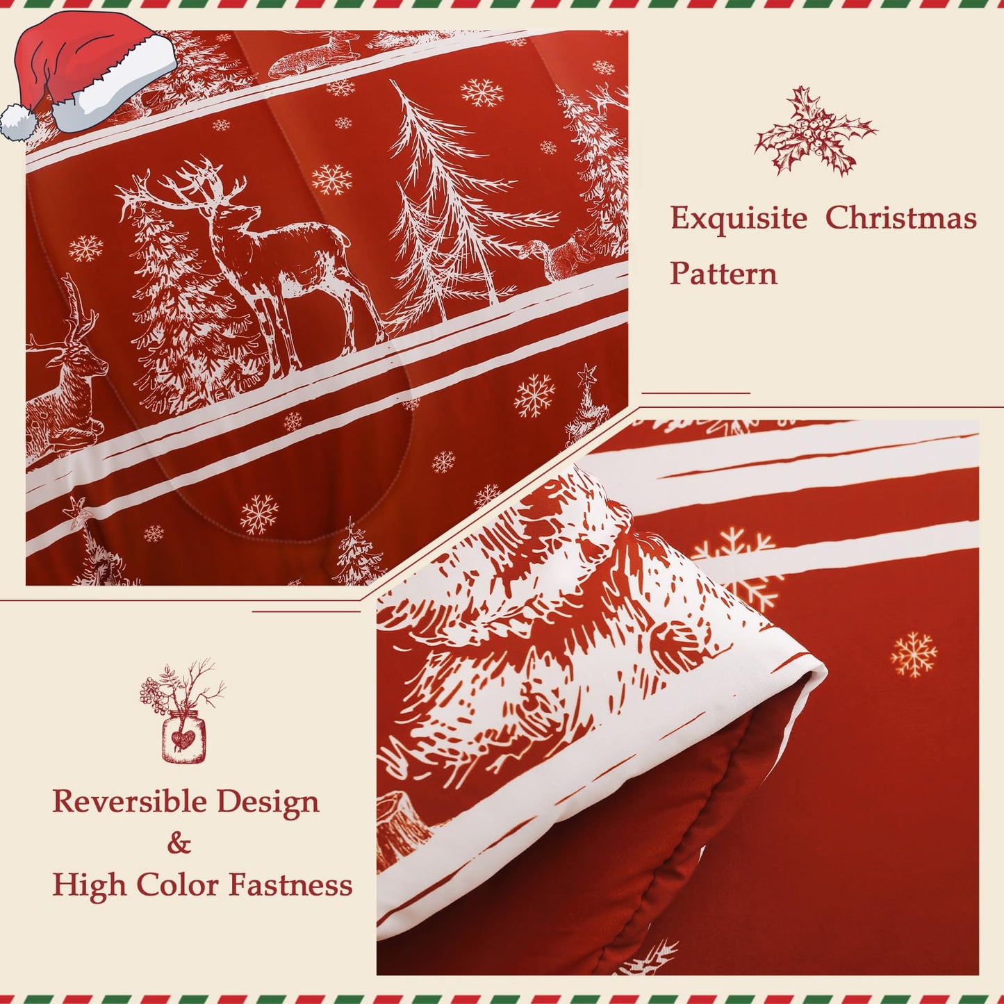 Exclusivo Mezcla Christmas California King Size Comforter Set, 3 Pieces Reversible Rust Red Striped Down Alternative Comforter Sets, Printed Christmas Trees Snowflakes Pattern