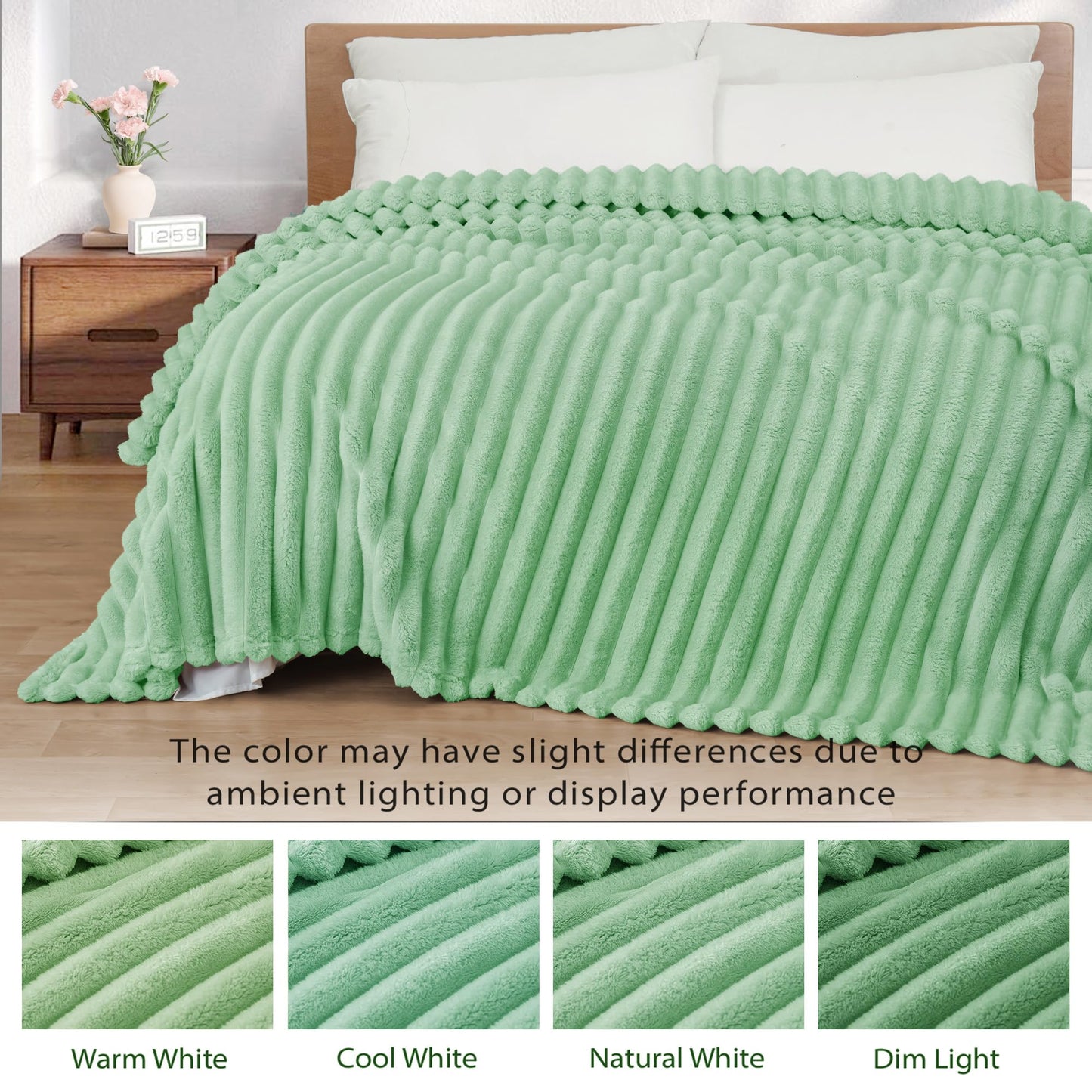 Exclusivo Mezcla Twin Size Flannel Fleece Blanket, Super Soft 3D Striped Jacquard Blanket for Bed, Lightweight Fuzzy Cozy Blankets, Sage Green, 60"x80"