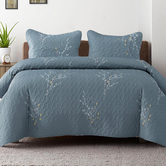 Exclusivo Mezcla 3 Piece Microfiber Queen Size Quilt Set, Lightweight Bedspreads/ Coverlet/ Bedding Set with 2 Pillow Shams, Floral Branches Pattern, (96"x 92", Blue)