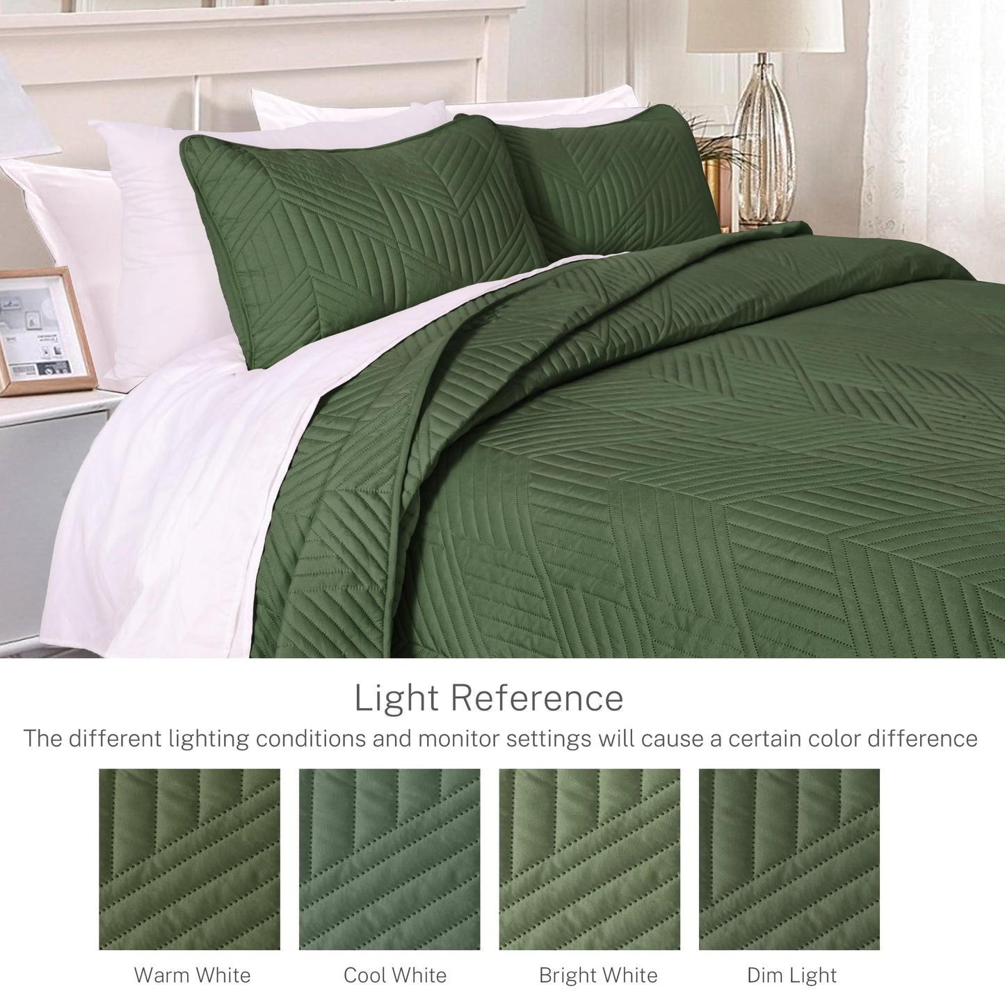 Exclusivo Mezcla Ultrasonic Full Queen Quilt Bedding Set, Lightweight Olive Green Bedspreads Soft Modern Geometric Coverlet Set for All Seasons (1 Quilt and 2 Pillow Shams)