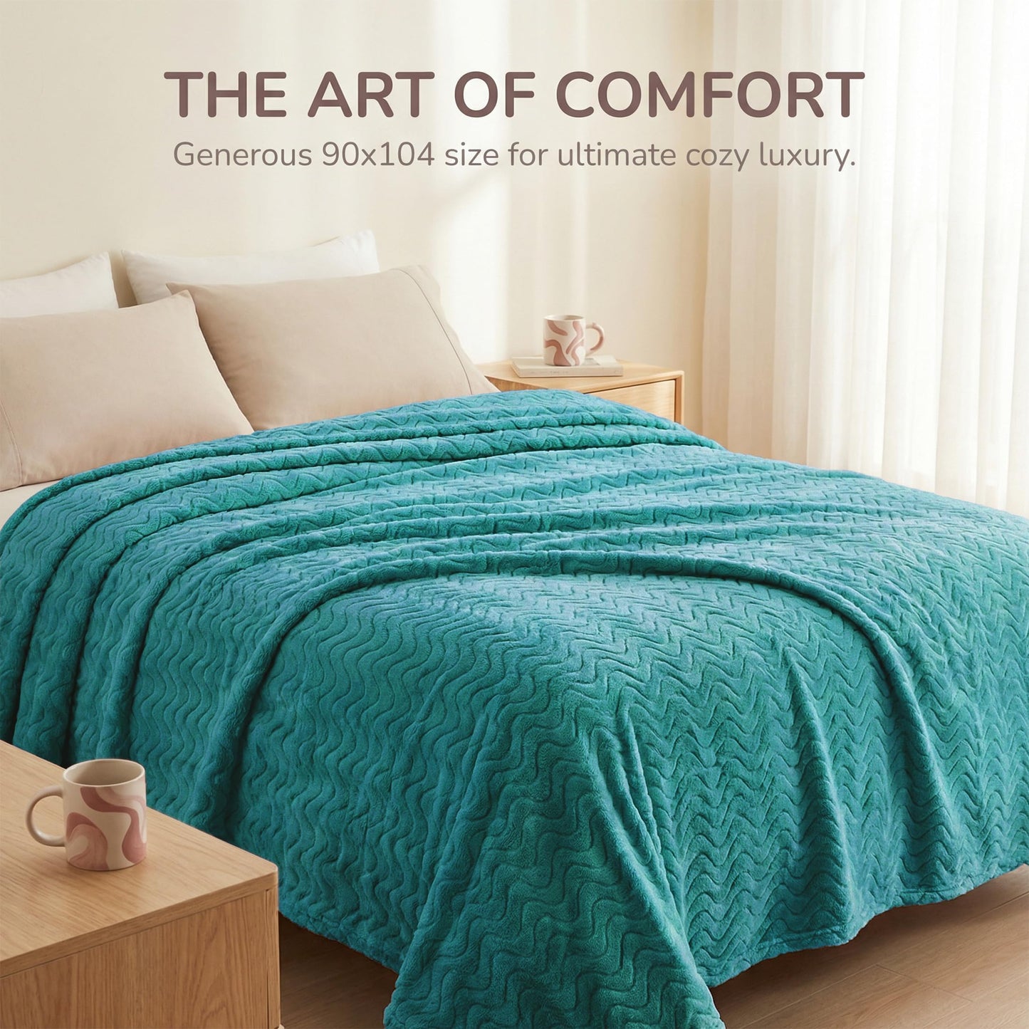 Exclusivo Mezcla Queen Size Jacquard Weave Wave Pattern Flannel Fleece Velvet Plush Bed Blanket as Bedspread/Coverlet/Bed Cover (90" x 90", Teal) - Soft, Lightweight, Warm and Cozy