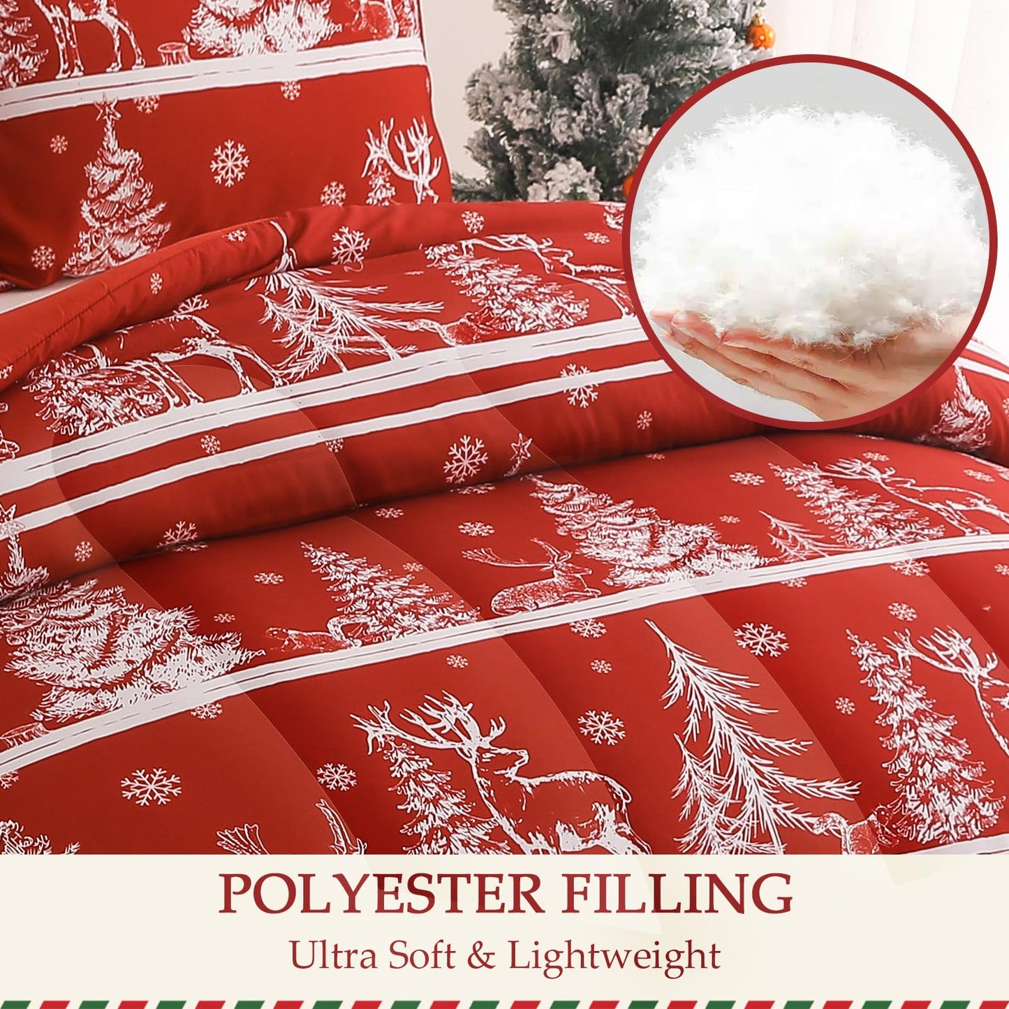 Exclusivo Mezcla Christmas Twin Size Comforter Set, 2 Pieces Reversible Rust Red Striped Down Alternative Comforter Sets, Printed Christmas Trees Snowflakes Pattern