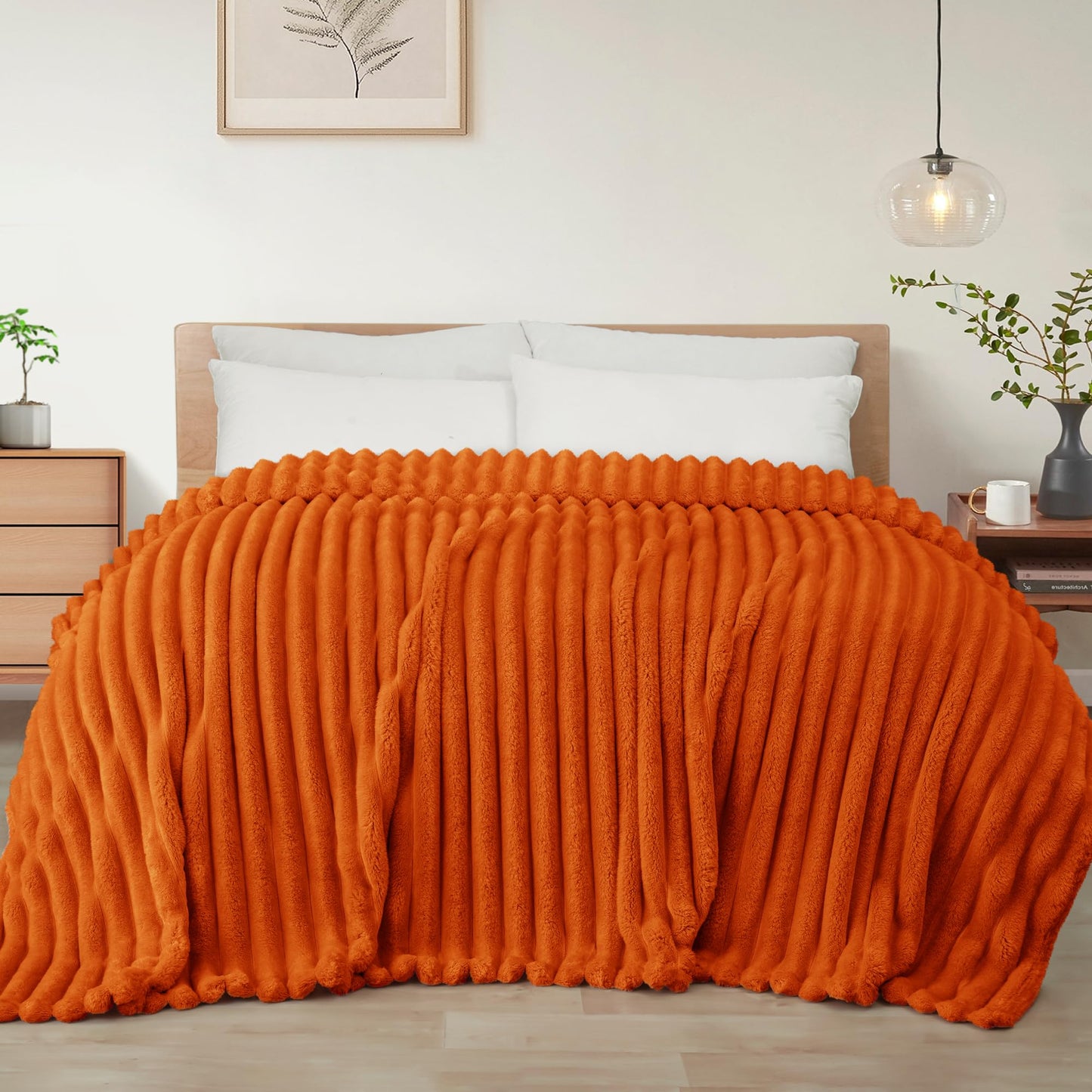 Exclusivo Mezcla California King Size Flannel Fleece Blanket, Super Soft Striped Jacquard Bed Oversized Blanket, Lightweight Fuzzy Cozy for All Seasons, 120x120 Inches, Burnt Orange