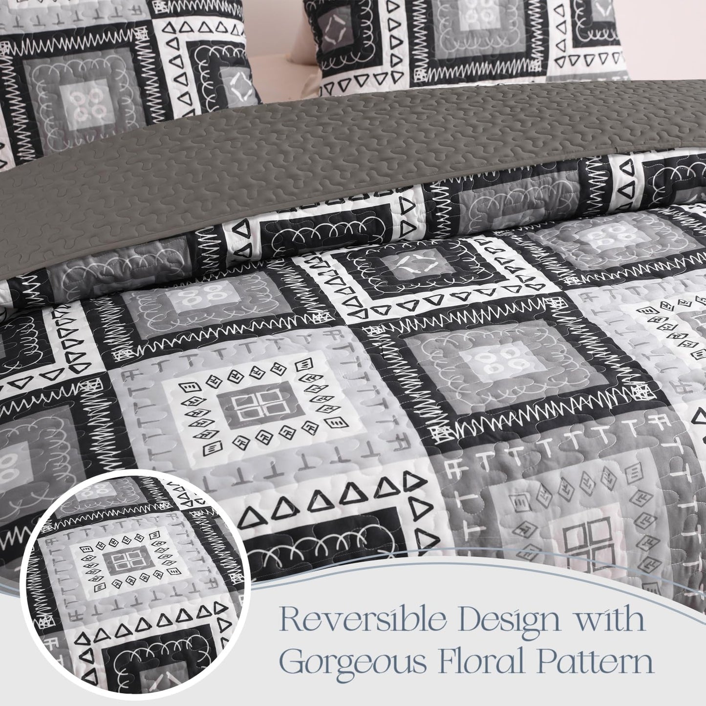 Exclusivo Mezcla Reversible Boho Quilts King Size, Black Bedspreads Lightweight Coverlet All Season Patchwork Quilt Bedding Set with Printed Floral Pattern (1 Quilt, 2 Pillow Shams)
