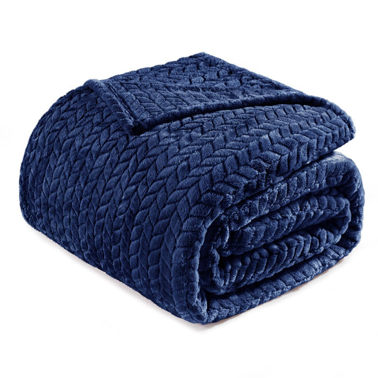 Exclusivo Mezcla Fleece Twin Size Blanket for Bed, 60x80 Inches Soft Cozy Jacquard Flannel Blankets, Lightweight Fuzzy Plush Warm for Women, Navy Blue