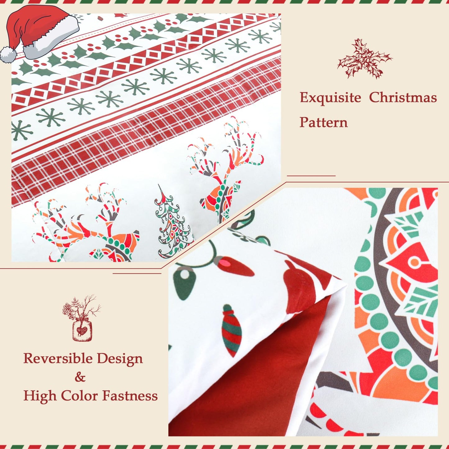 Exclusivo Mezcla Christmas Queen Size Comforter Set, 3 Pieces Reversible Rust Red Striped Bedding Comforters, Printed Flowers Reindeer Pattern