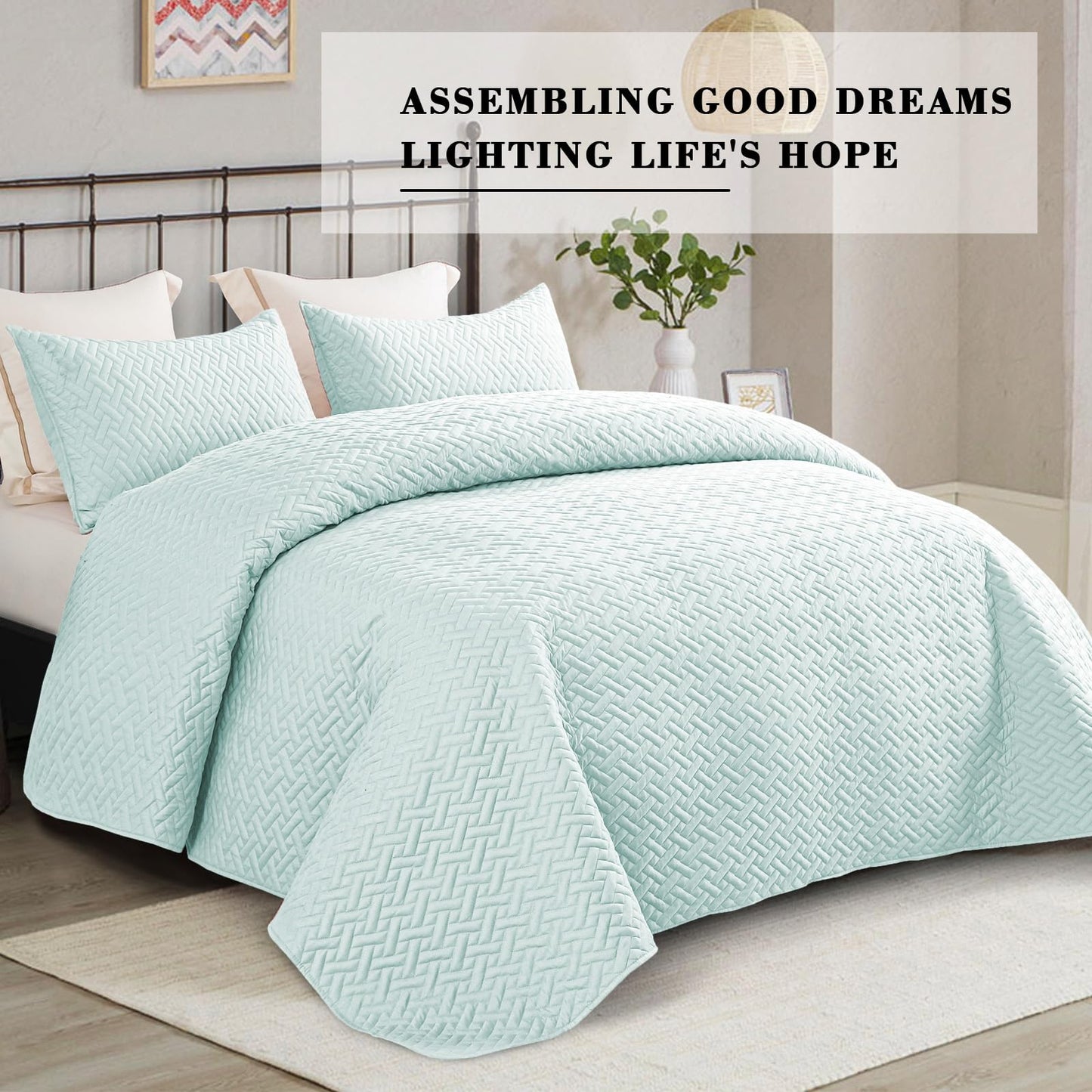 Exclusivo Mezcla 3-Piece Queen Size Quilt Set with Pillow Shams, Basket Quilted Bedspread/Coverlet/Bed Cover(96x90 inches, Spa Blue)-Soft, Lightweight and Reversible