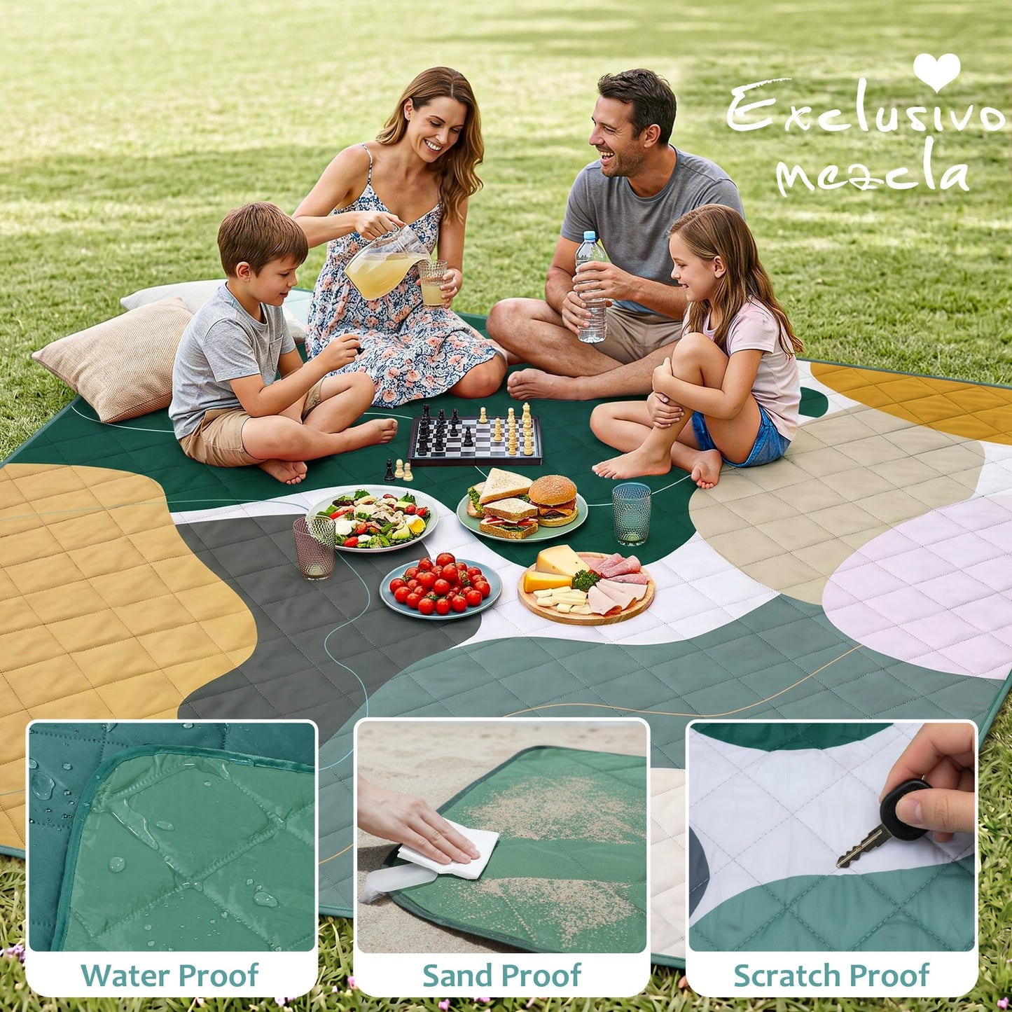 Exclusivo Mezcla Waterproof Picnic Blankets 3-Layer 80"x 80" Large Sandproof Beach Blanket Foldable Outdoor Blanket for Camping on Grass Picnic Mat, Abstract Green