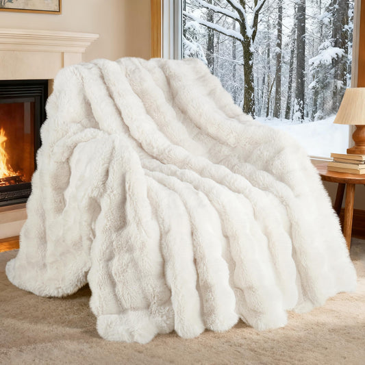 Exclusivo Mezcla Faux Fur Throw blanket for couch, Luxury Reversible 3D Rabbit Bubble Fuzzy Thick Sherpa Blankets for Winter, Plush Fleece Warm Cozy Bed Throw, 50x60 Inches, White