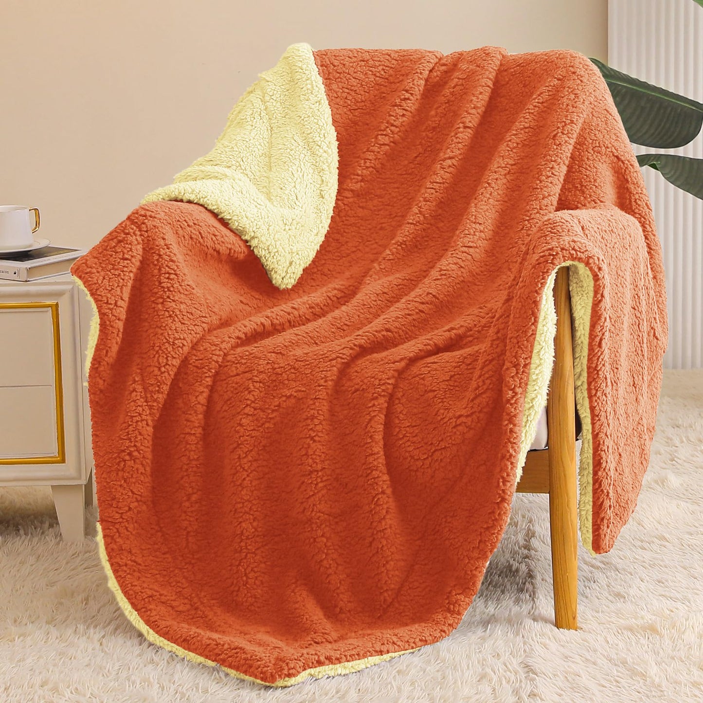Exclusivo Mezcla Reversible Sherpa Throw Blanket for Couch, Thick and Warm Fleece Blankets for Winter, Soft Plush Fluffy, 50x60 Inches, Orange/ Yellow