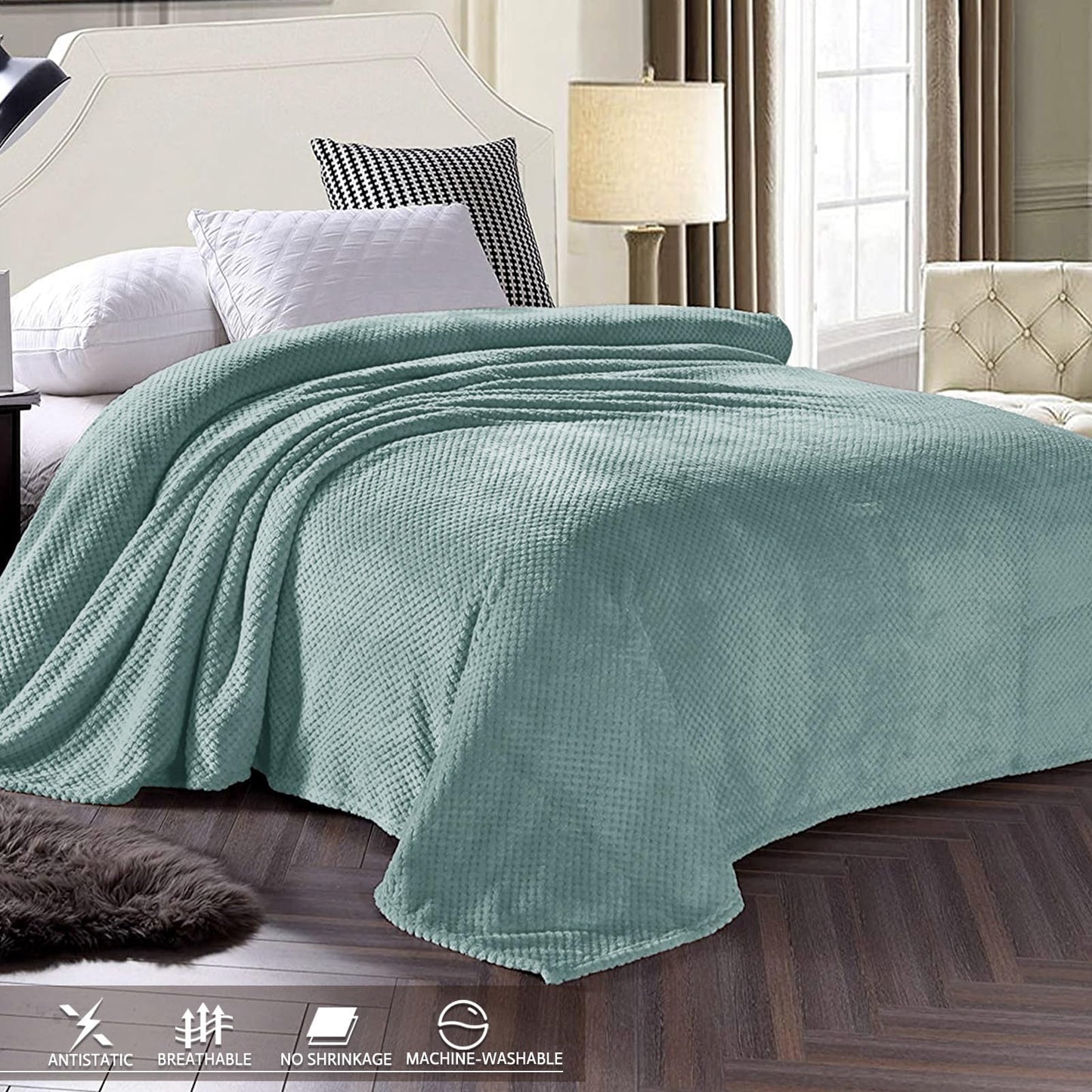 Exclusivo Mezcla Waffle Textured Extra Large Fleece Blanket, Super Soft and Warm Throw Blanket for Couch, Sofa and Bed (Celadon, 50"x70")-Cozy, Fuzzy and Lightweight