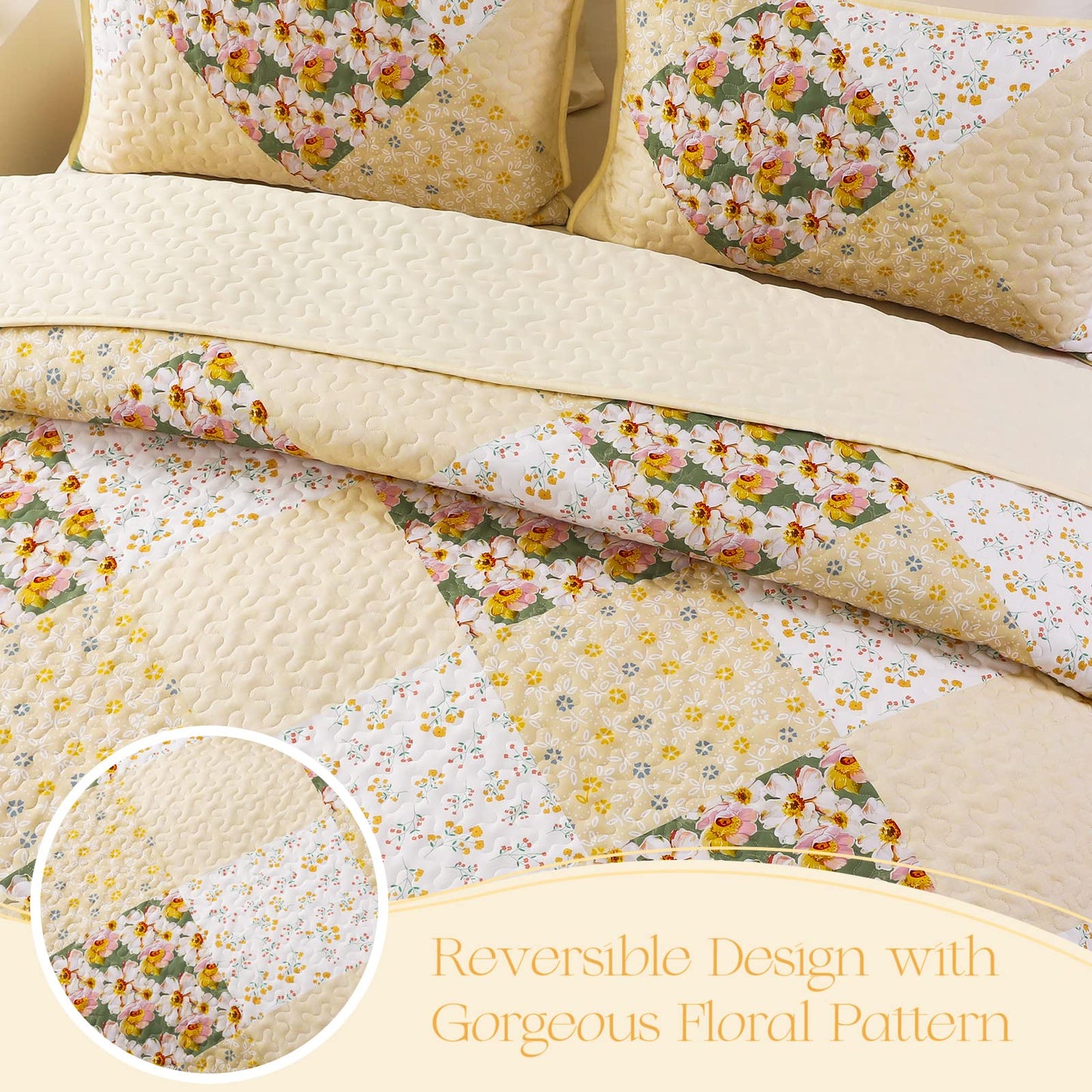 Exclusivo Mezcla Reversible Boho California King Quilt, Yellow Soft Bedspreads Lightweight Coverlet All Season Patchwork Quilts Bedding Set with Printed Floral Pattern (1 Quilt, 2 Pillow Shams)