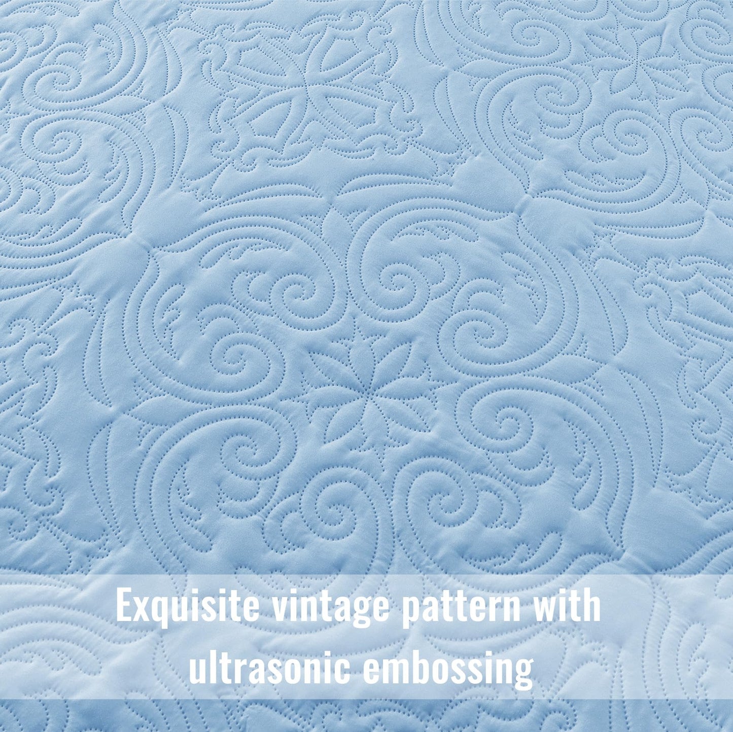 Exclusivo Mezcla Quilts King Size Bedspread with 2 Pillow Shams, Lightweight Sky Blue King Quilt Bedding Set with Vintage Damask Pattern, Soft Bedspreads Coverlets for All Seasons