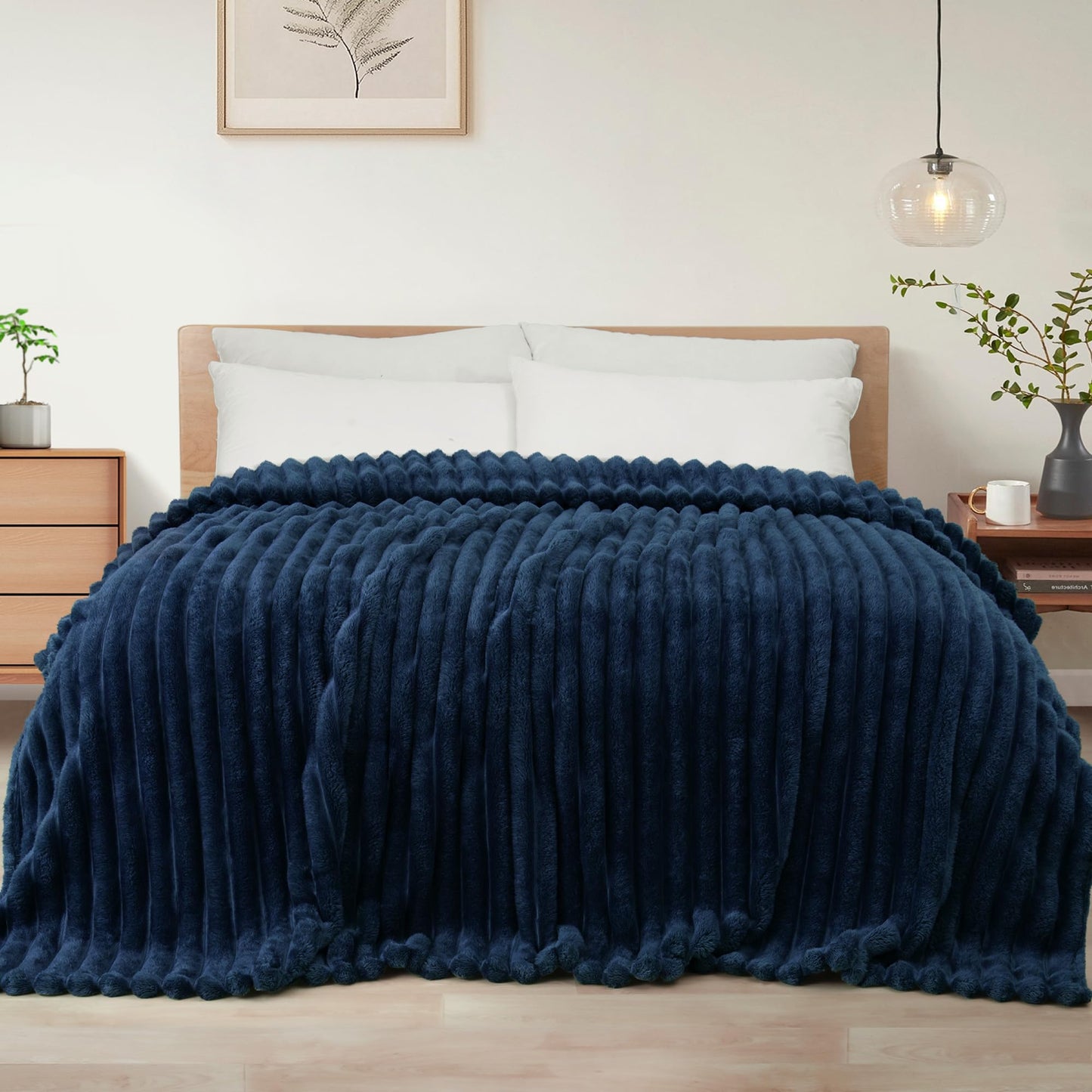 Exclusivo Mezcla California King Size Flannel Fleece Blanket, Super Soft Striped Jacquard Bed Oversized Blanket, Lightweight Fuzzy Cozy for All Seasons, 120x120 Inches, Navy Blue