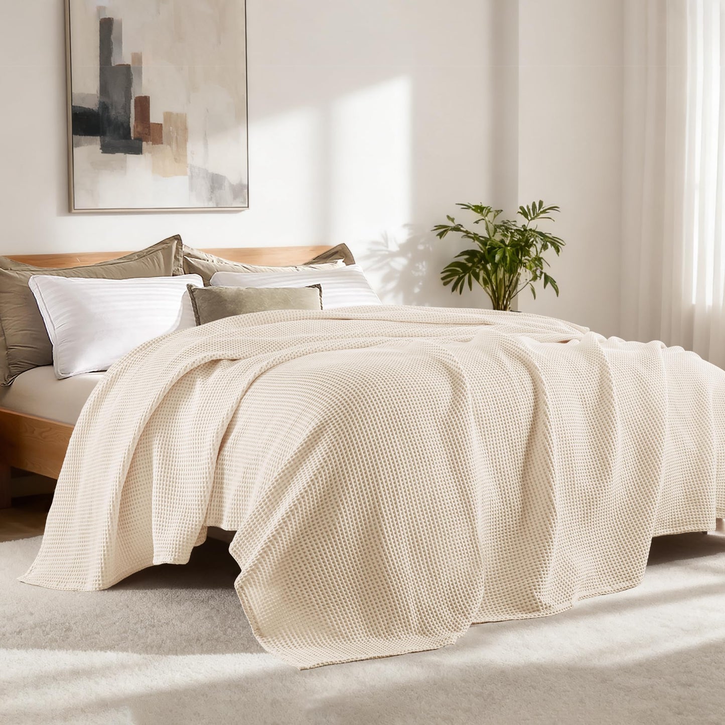 Exclusivo Mezcla 100% Cotton Waffle Weave Blanket Queen Size, Soft, Lightweight and Breathable Muslin Gauze Blanket for Bed, All Season, 90"x90", Beige