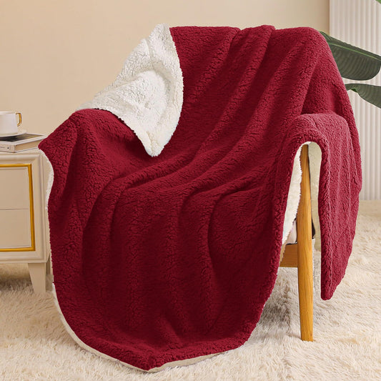 Exclusivo Mezcla Reversible Sherpa Throw Blanket for Couch, Thick and Warm Fleece Blankets for Winter, Soft Plush Fluffy, 50x60 Inches, Burgundy/ Ivory