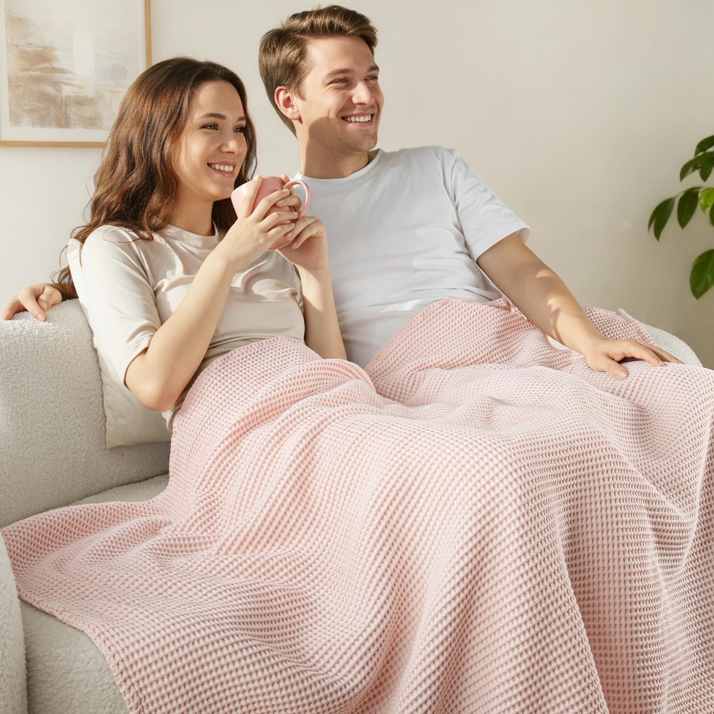 Exclusivo Mezcla 100% Cotton Waffle Weave Blanket Queen Size, Soft, Lightweight and Breathable Muslin Gauze Blanket for Bed, All Season, 90"x90", Pink