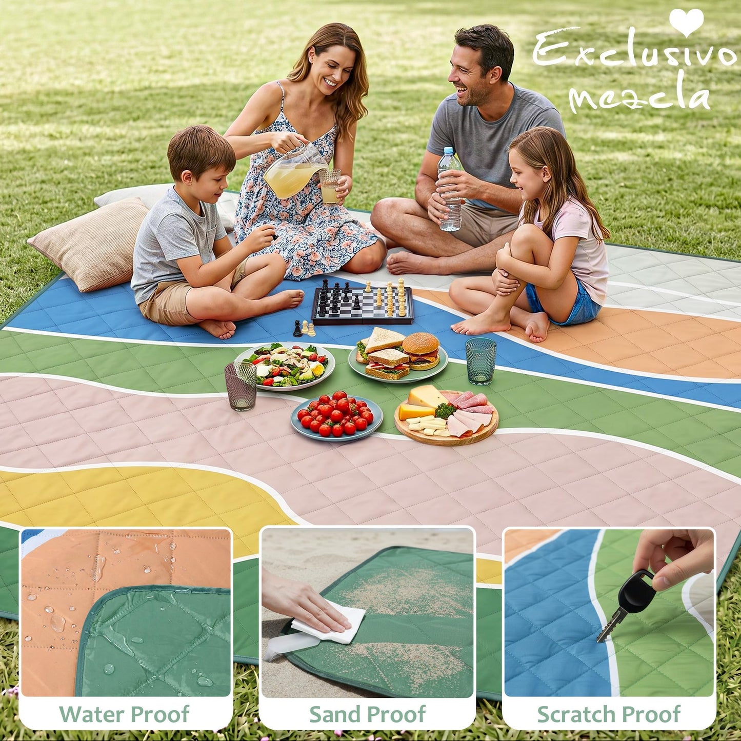 Exclusivo Mezcla Waterproof Picnic Blankets 3-Layer 80"x 80" Large Sandproof Beach Blanket Foldable Outdoor Blanket for Camping on Grass Picnic Mat, Waved Green