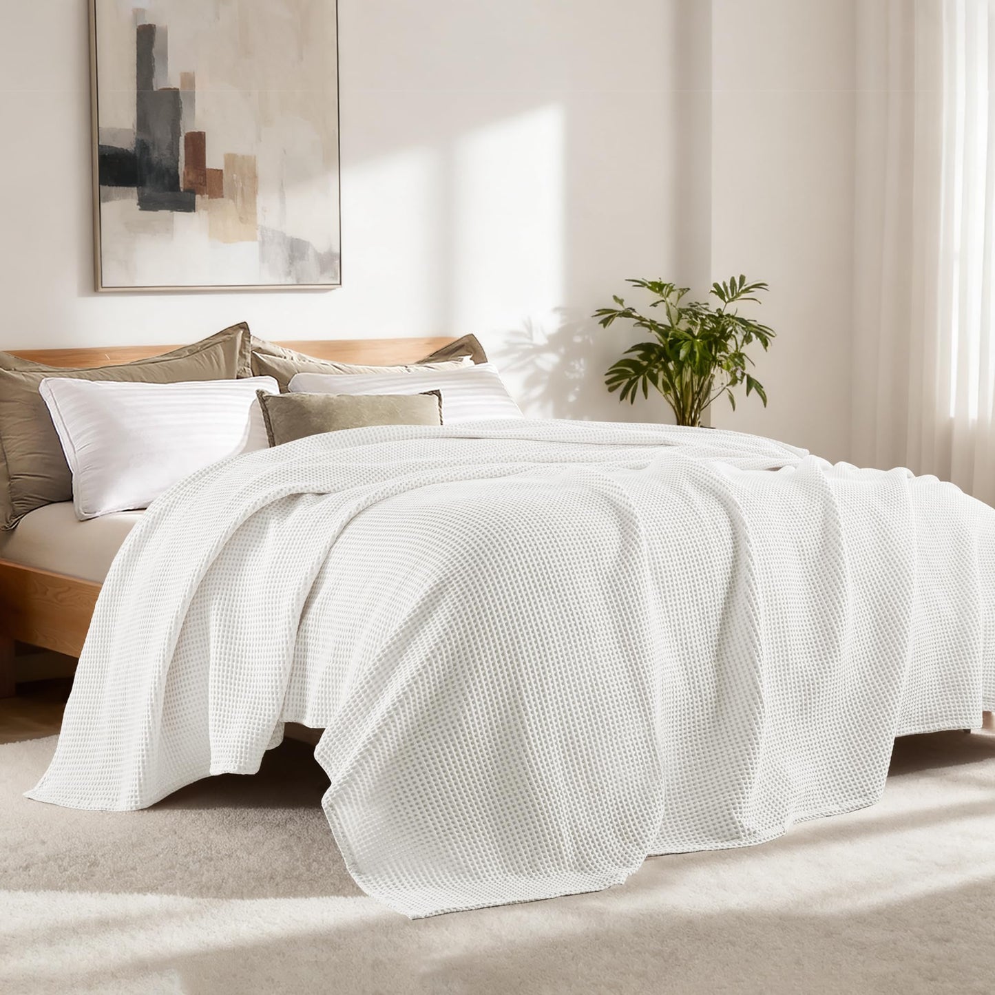 Exclusivo Mezcla 100% Cotton Waffle Weave Blanket Queen Size, Soft, Lightweight and Breathable Muslin Gauze Blanket for Bed, All Season, 90"x90", White