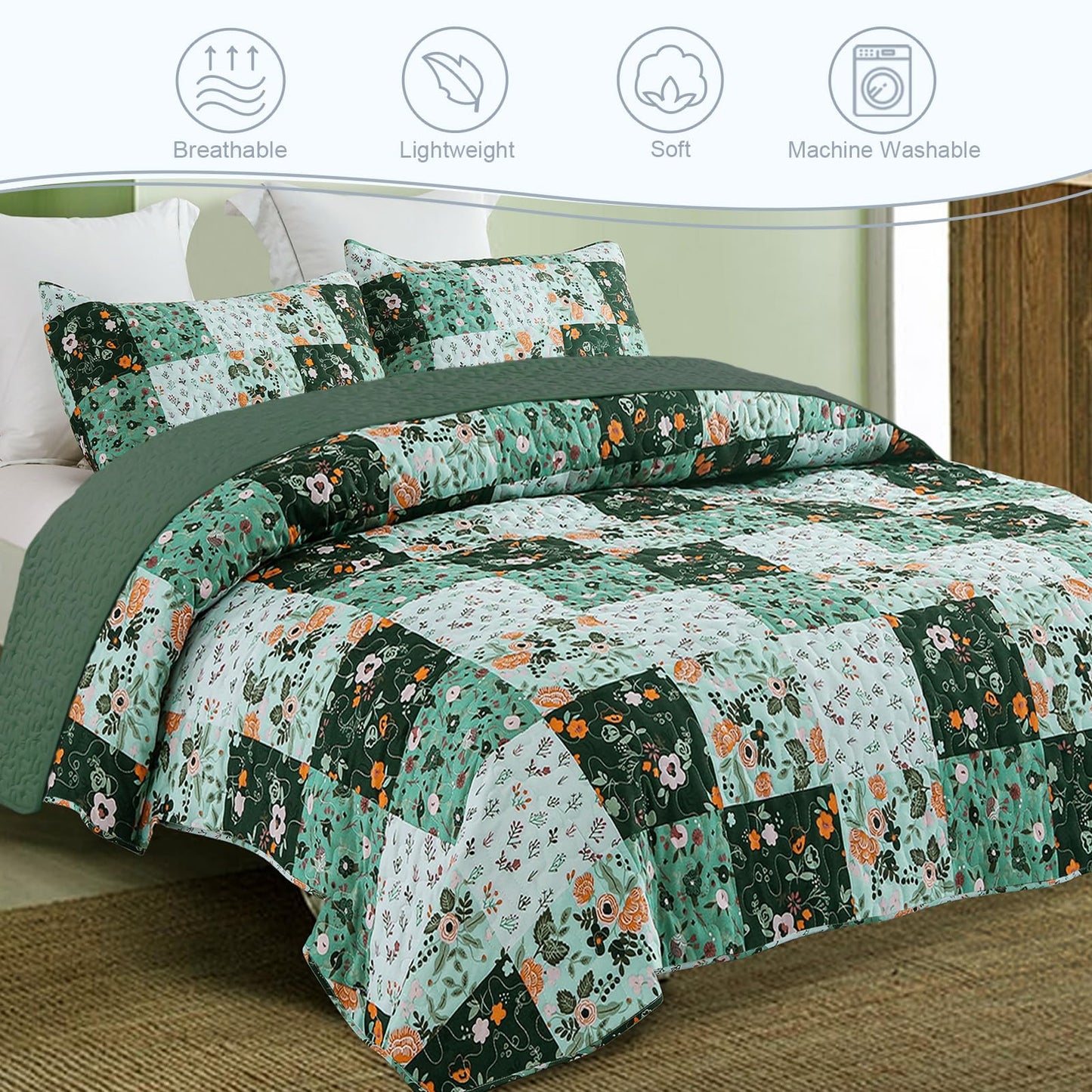 Exclusivo Mezcla Reversible Boho California King Quilt, Green Soft Bedspreads Lightweight Coverlet All Season Patchwork Quilts Bedding Set with Printed Floral Pattern (1 Quilt, 2 Pillow Shams)