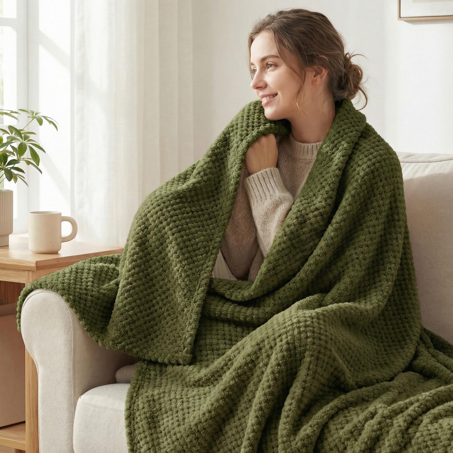 Exclusivo Mezcla Fleece Bed Blanket Twin Size, Super Soft and Warm Blankets for Couch, Sofa and Bed Waffle Textured, Cozy, Fuzzy and Lightweight (Olive Green, 60x80 Inches)