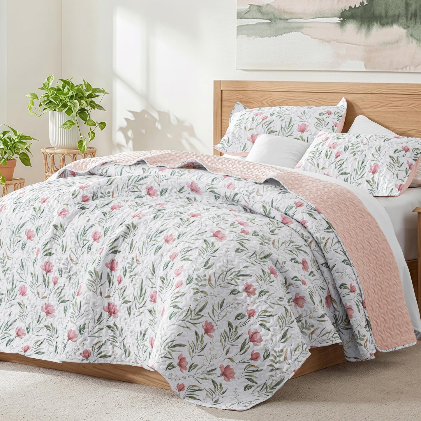 Exclusivo Mezcla Floral Quilt King Size, White King Size Quilt Bedding Set with Watercolor-inspired Botanical Pattern, Reversible Lightweight Bedspreads Coverlets Bed Cover for All Seasons (104"x96")
