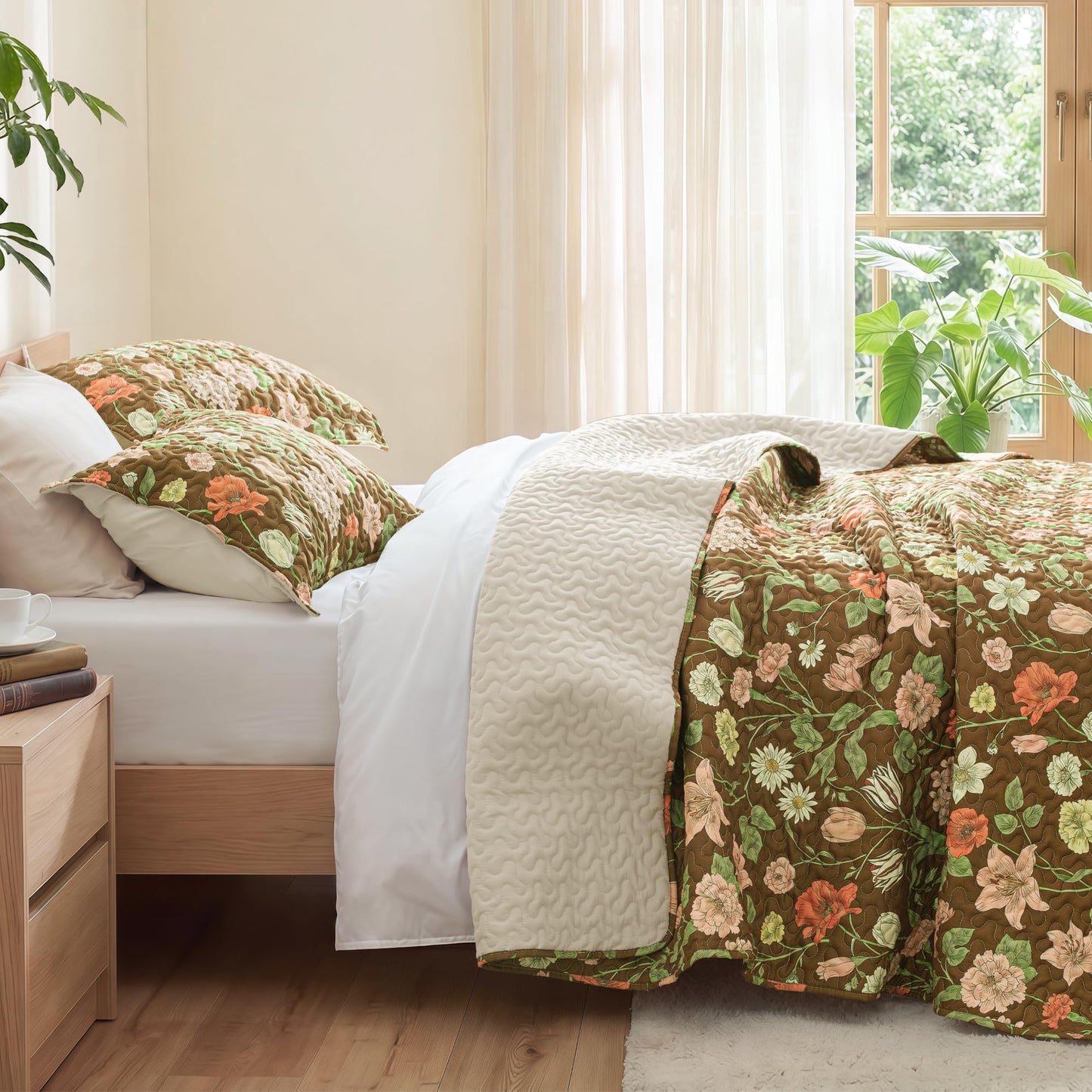 Exclusivo Mezcla Floral Quilts Queen Size, Brown Queen Quilt Bedding set with Cottagecore Garden Pattern , Reversible Lightweight Spring Bedspreads Coverlets Bed Cover for All Seasons (92"x96")