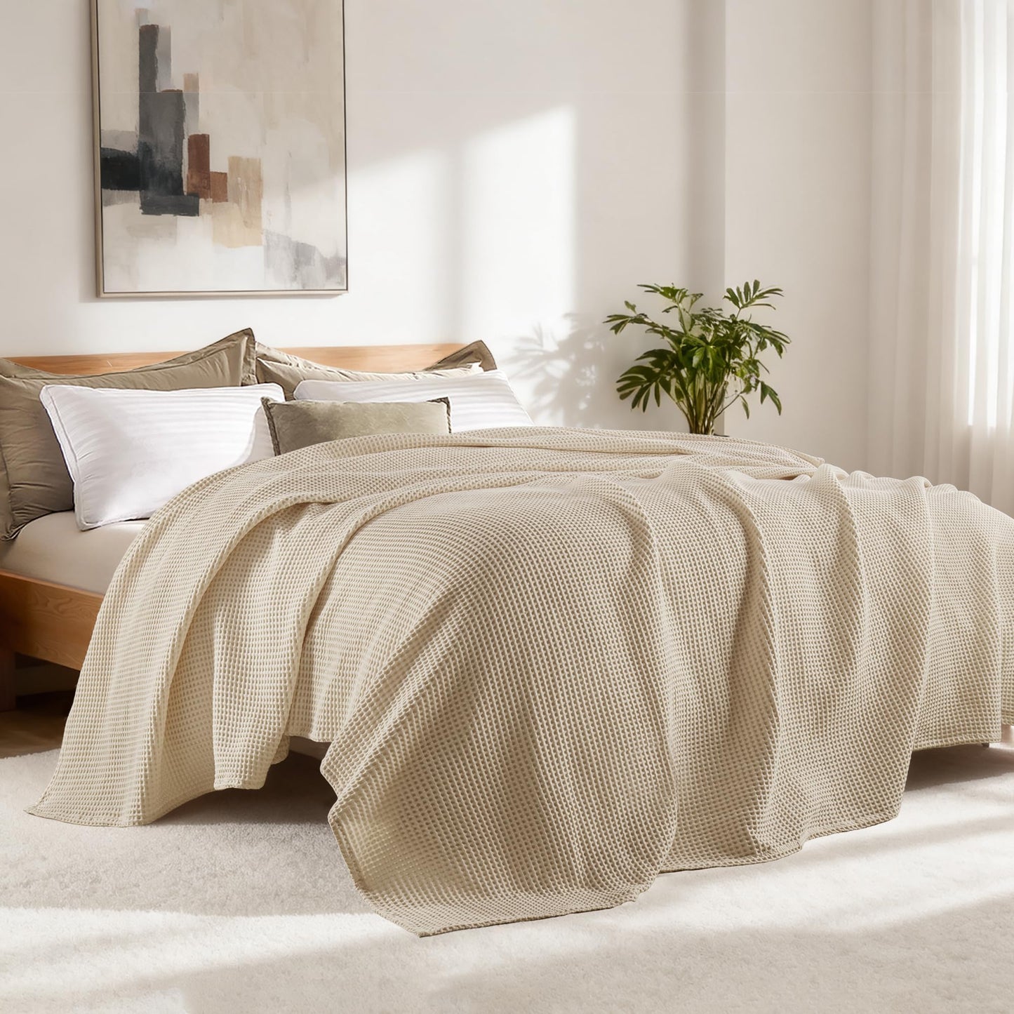 Exclusivo Mezcla 100% Cotton Waffle Weave Blanket Queen Size, Soft, Lightweight and Breathable Muslin Gauze Blanket for Bed, All Season, 90"x90", Khaki