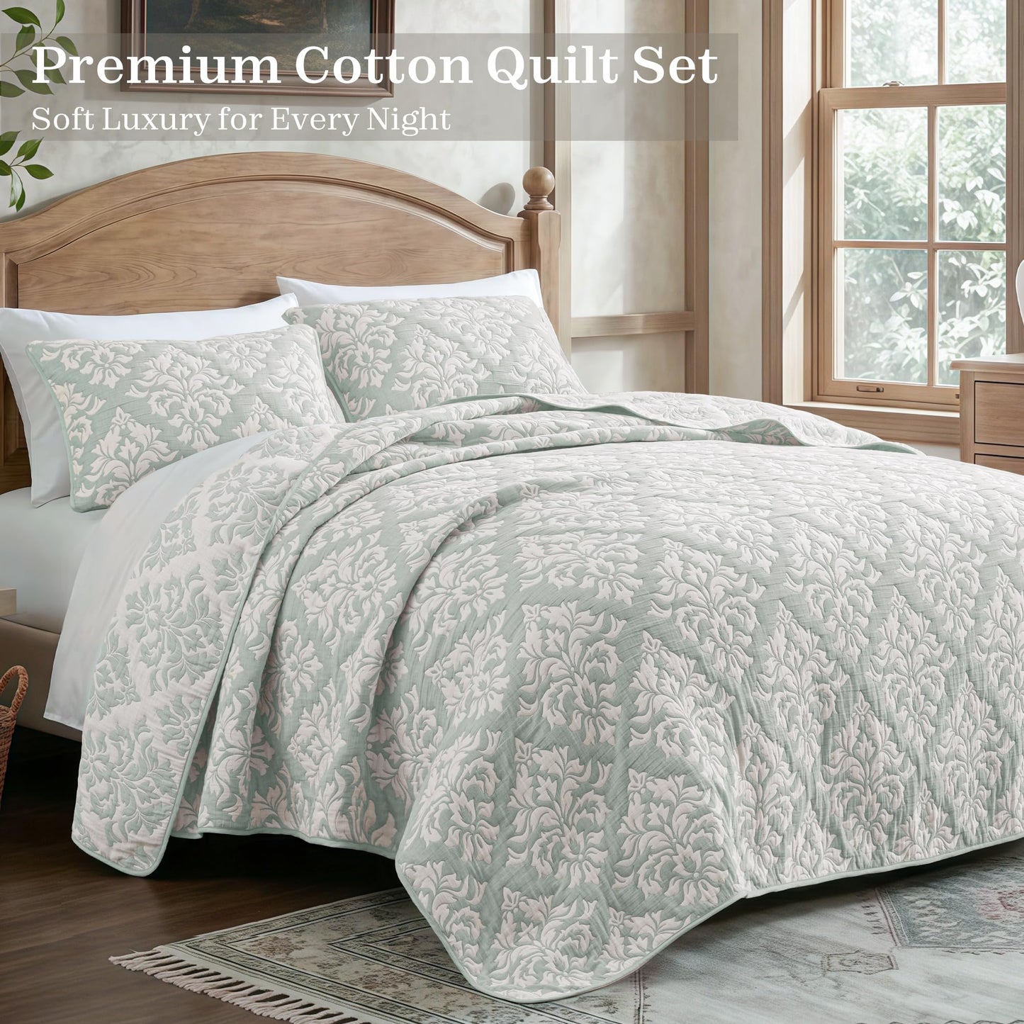 Exclusivo Mezcla Cotton Muslin Quilts Twin Size Sage Green, Soft Breathable Bedspread Lightweight Prewashed Bed Coverlet With 1 Pillow Sham, Boho Pattern Yarn Dyed Quilt Bedding Set for All Seasons