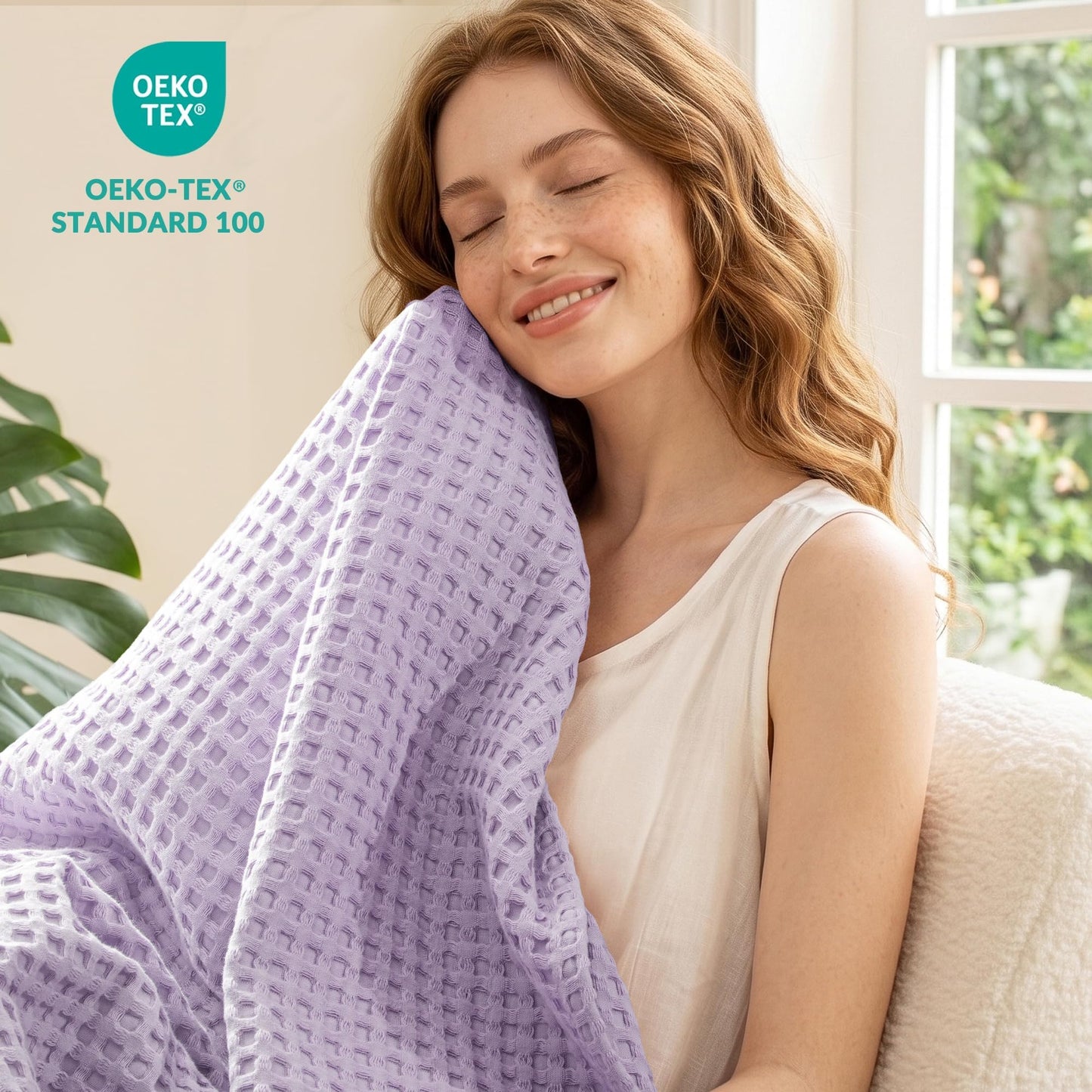 Exclusivo Mezcla 100% Cotton Queen Size Blanket, Lightweight Gauze Blankets for Sofa(90"x90", Light Purple)
