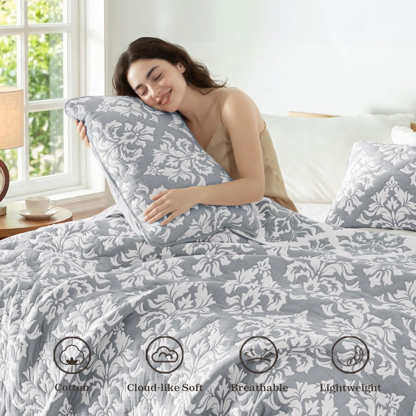 Exclusivo Mezcla Cotton Muslin Quilts King Size Grey, Soft Breathable Bedspread Lightweight Prewashed Bed Coverlet With 2 Pillow Shams, Boho Pattern Yarn Dyed Quilt Bedding Set for All Seasons
